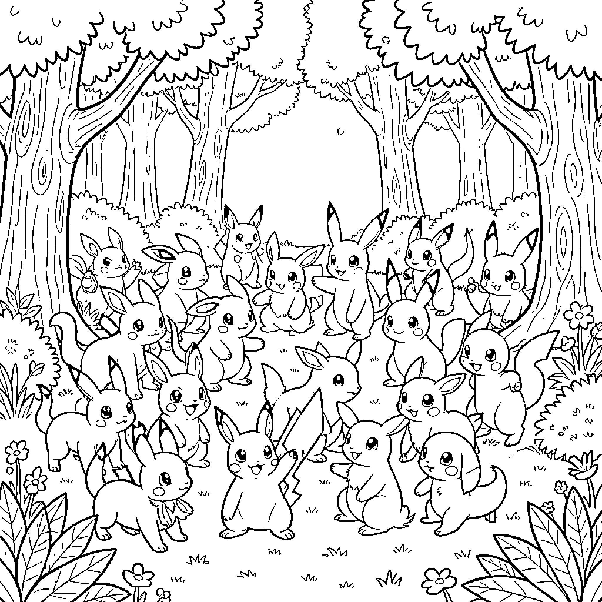 Pokémon gathering together and playing in a forest Coloring Page (free black-and-white line drawing printable PDF for all, from beginners to advanced learners, including children, teens, adults, and seniors)