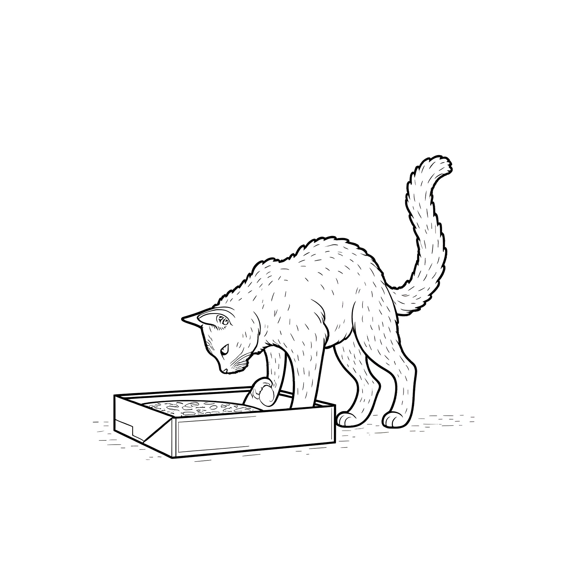 Cat cautiously inspecting a box Coloring Page (free black-and-white line drawing printable PDF for all, from beginners to advanced learners, including children, teens, adults, and seniors)