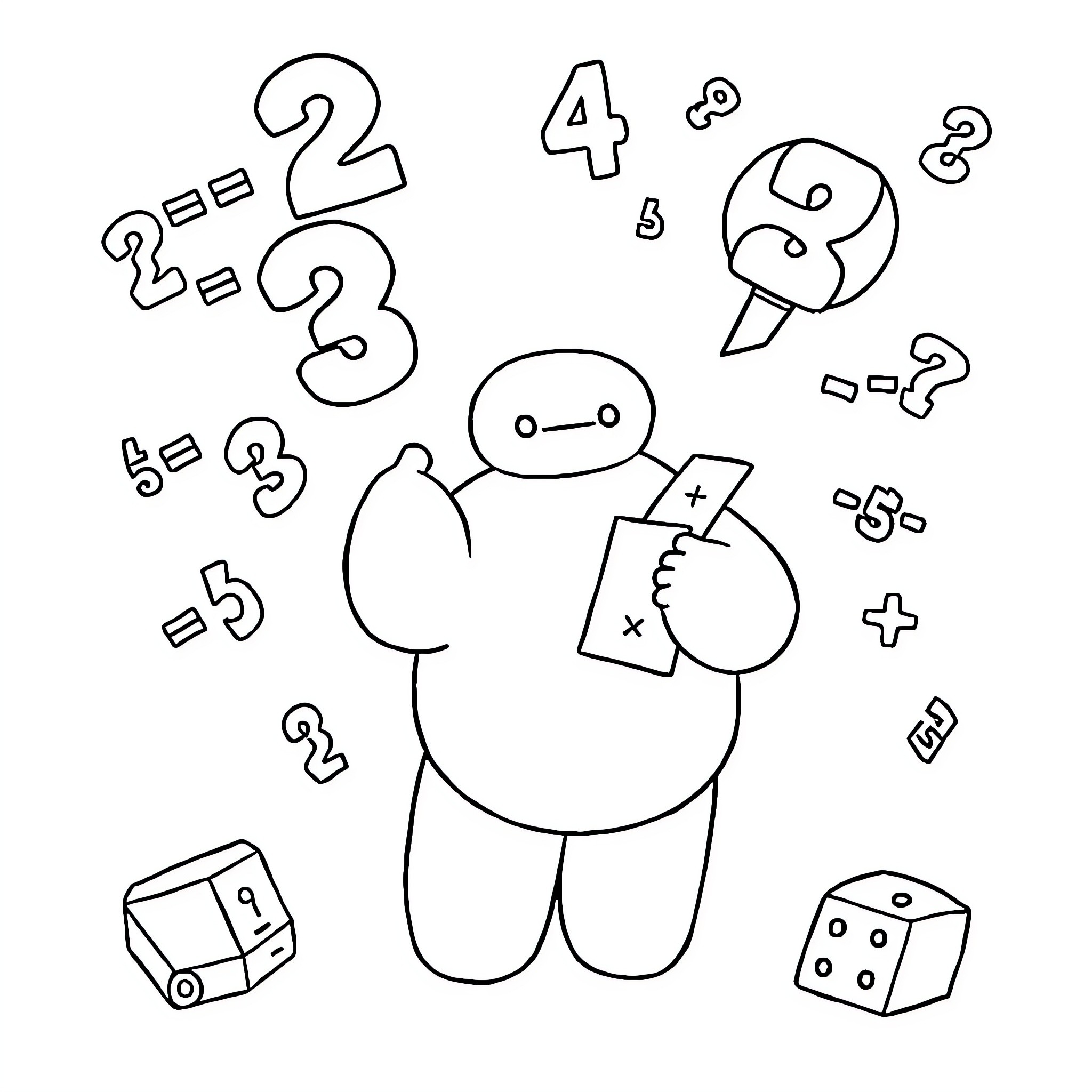 Character solving mathematical problems playfully Coloring Page (free black-and-white line drawing printable PDF for all, from beginners to advanced learners, including children, teens, adults, and seniors)