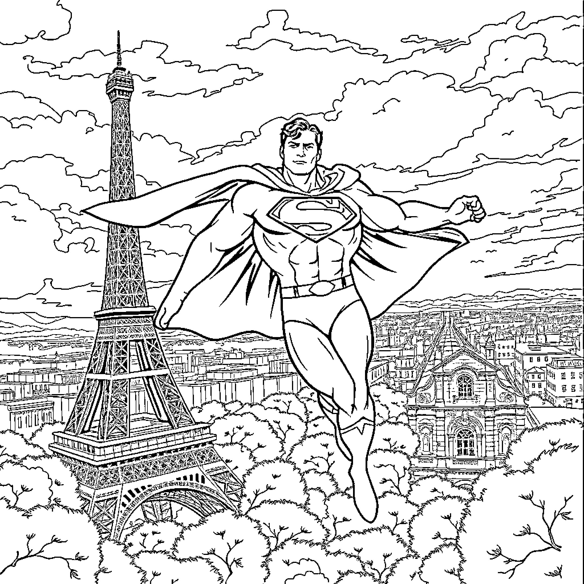 Superman Soaring Over the City of Lights Coloring Page (free black-and-white line drawing printable PDF for all, from beginners to advanced learners, including children, teens, adults, and seniors)