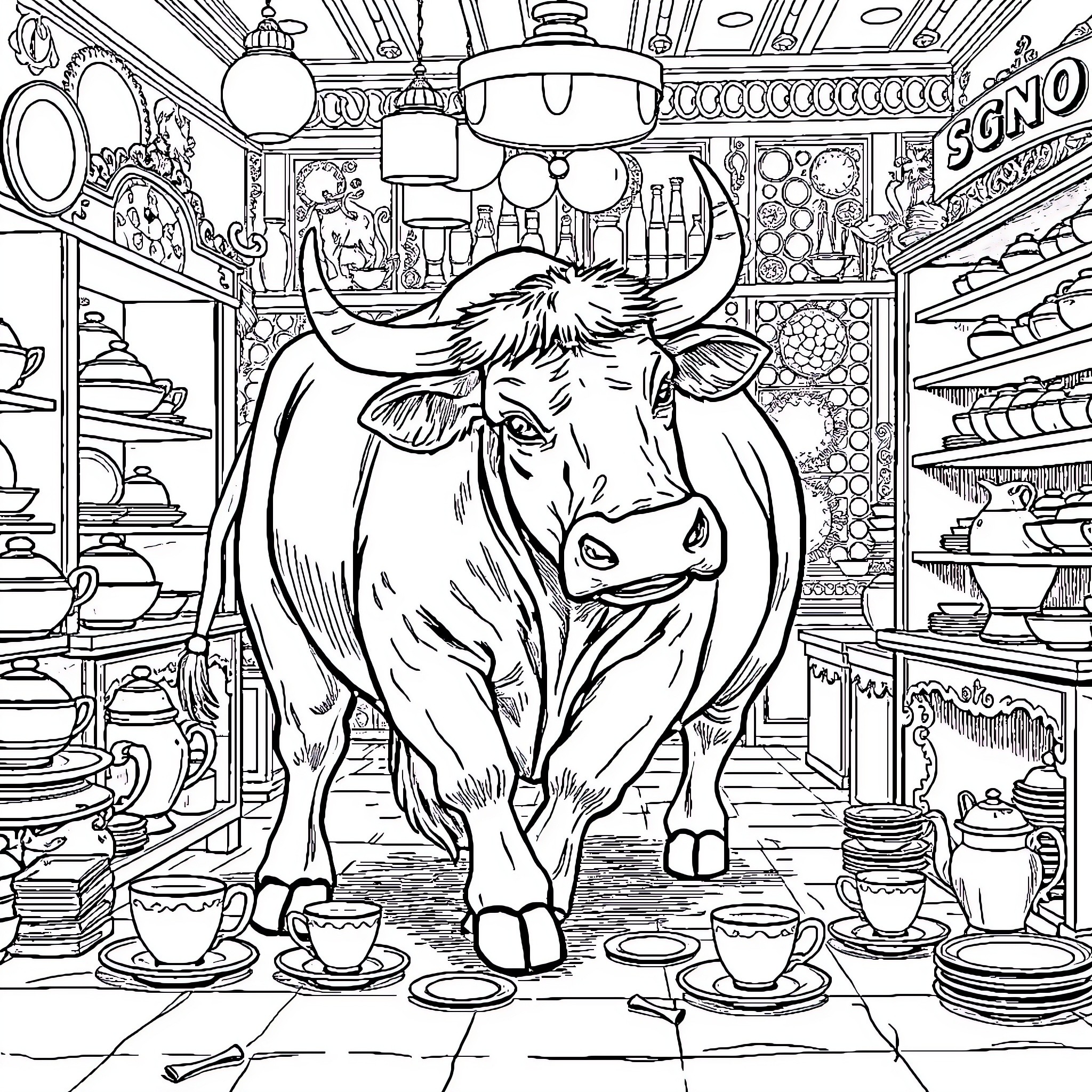 Bull standing in a crowded, eclectic shop Coloring Page (free black-and-white line drawing printable PDF for all, from beginners to advanced learners, including children, teens, adults, and seniors)