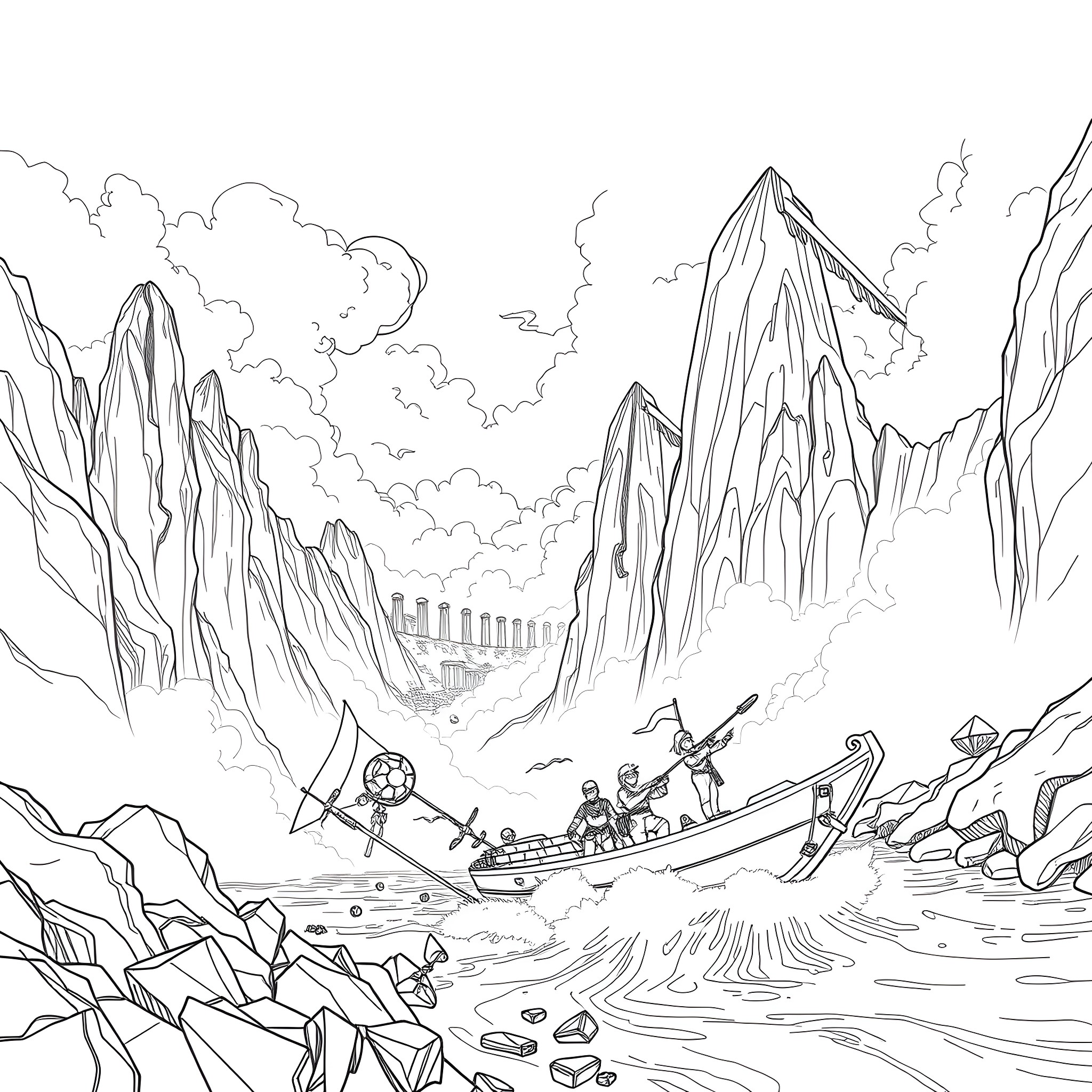 Expedition through the rugged mountain terrain Coloring Page (free black-and-white line drawing printable PDF for all, from beginners to advanced learners, including children, teens, adults, and seniors)
