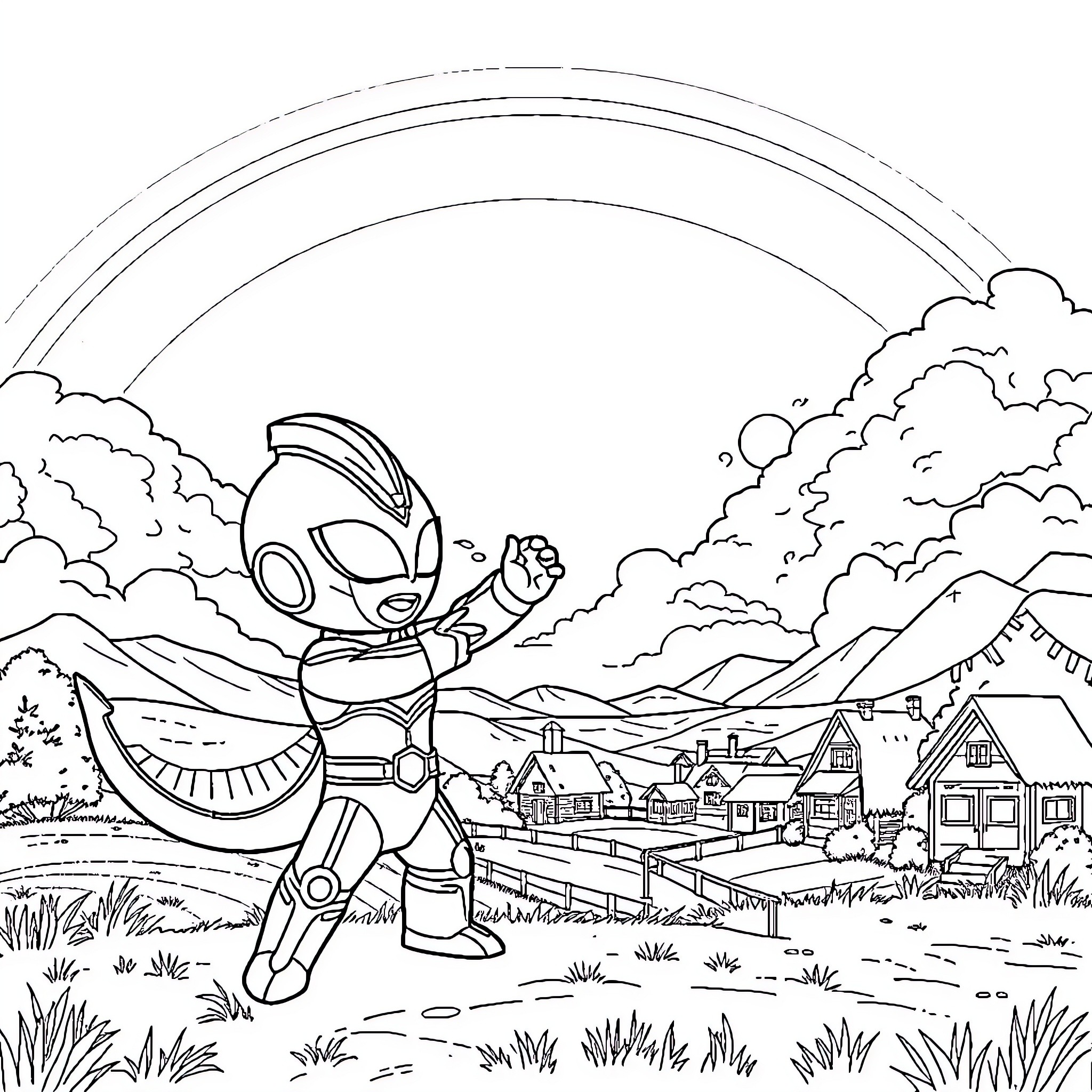 Ultraman battling against a villainous foe in the countryside Coloring Page (free black-and-white line drawing printable PDF for all, from beginners to advanced learners, including children, teens, adults, and seniors)