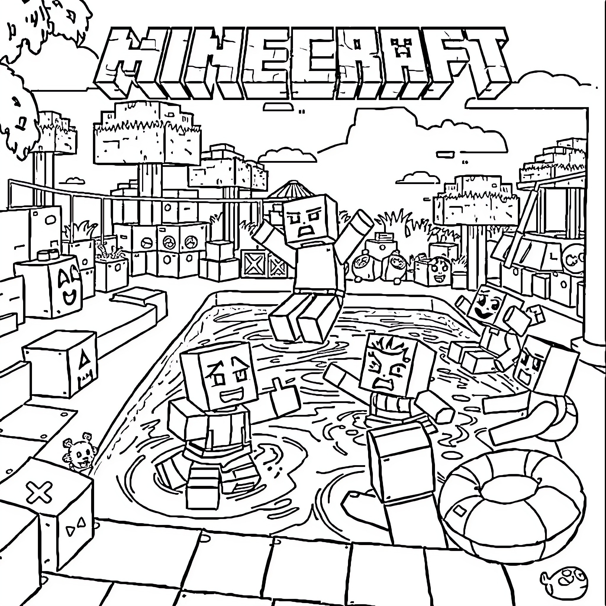 Minecraft characters enjoying the town square Coloring Page (free black-and-white line drawing printable PDF for all, from beginners to advanced learners, including children, teens, adults, and seniors)
