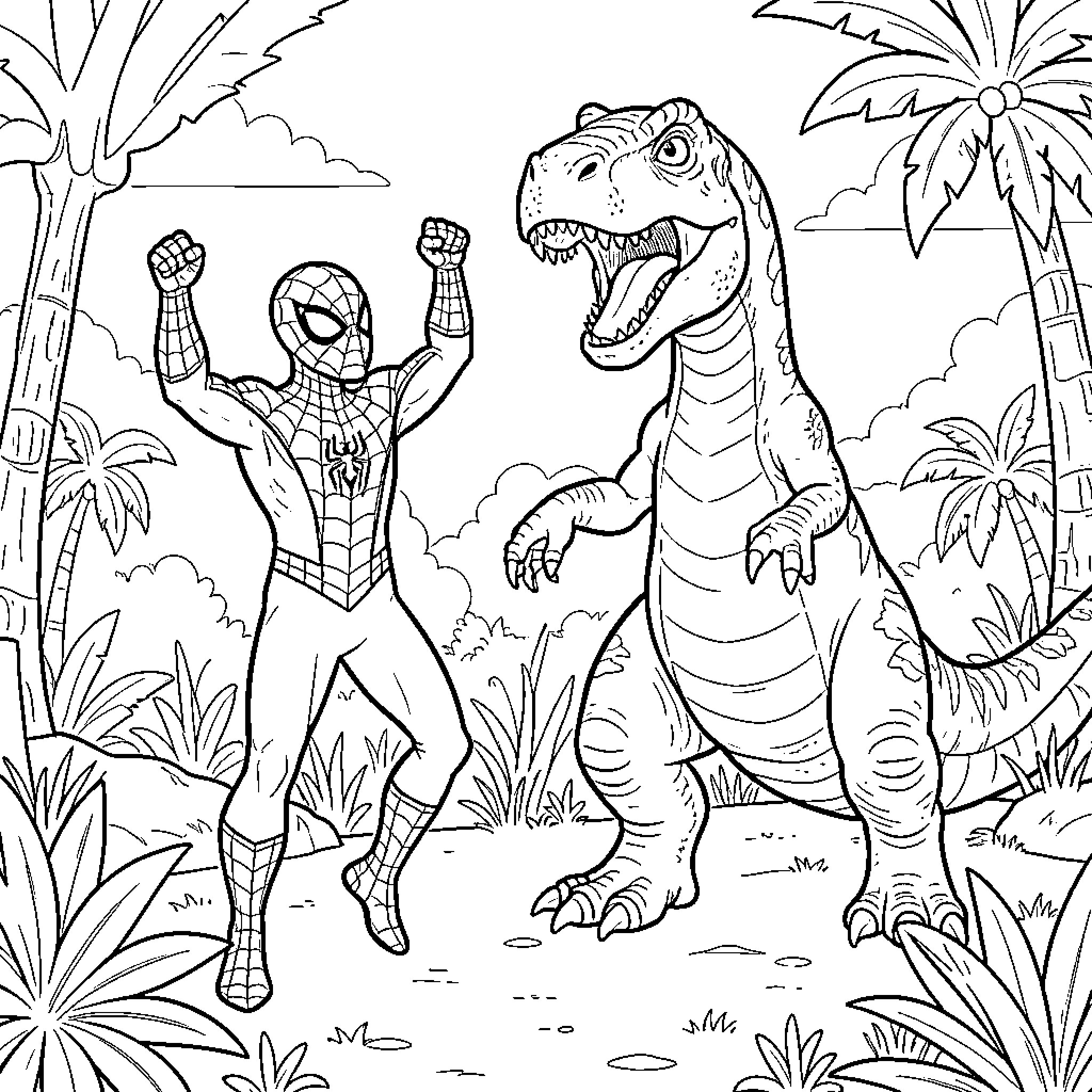 Spiderman celebrating triumphantly next to a large dinosaur Coloring Page (free black-and-white line drawing printable PDF for all, from beginners to advanced learners, including children, teens, adults, and seniors)