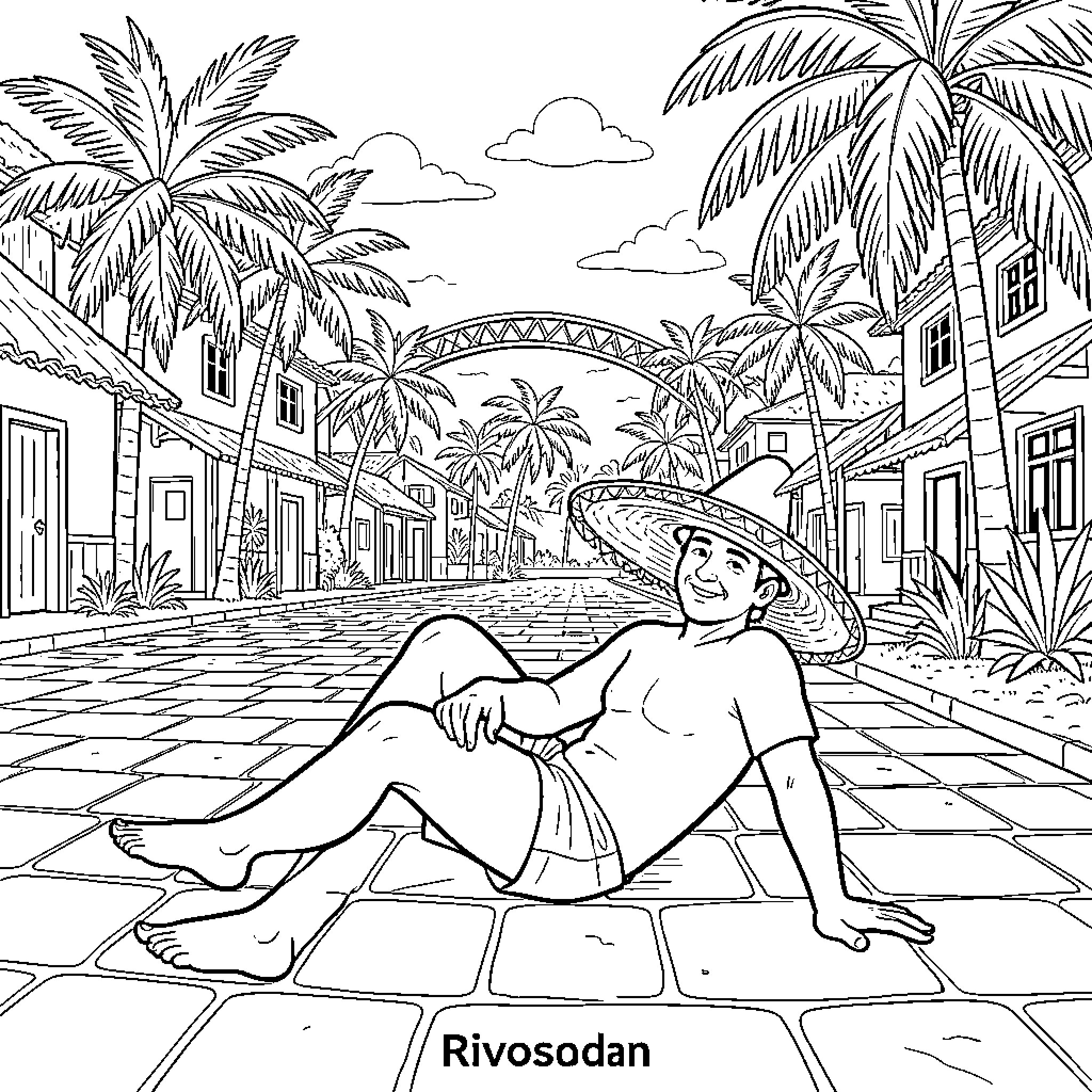 Rivoson relaxing on a street near palm trees Coloring Page (free black-and-white line drawing printable PDF for all, from beginners to advanced learners, including children, teens, adults, and seniors)