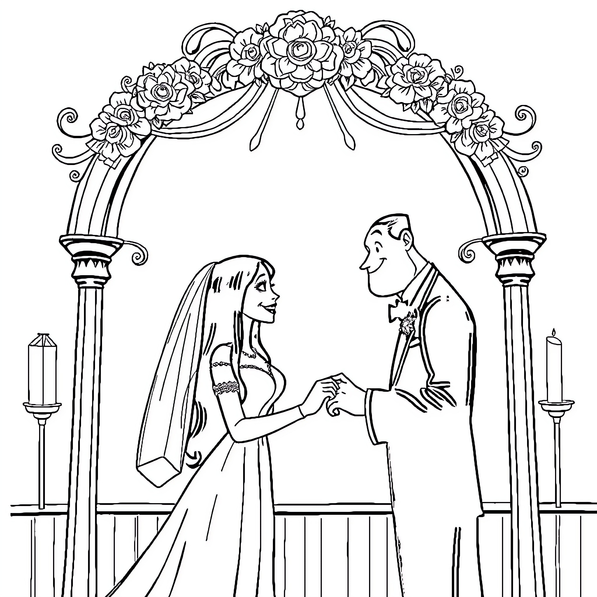 Morticia and Gomez's romantic wedding ceremony Coloring Page (free black-and-white line drawing printable PDF for all, from beginners to advanced learners, including children, teens, adults, and seniors)