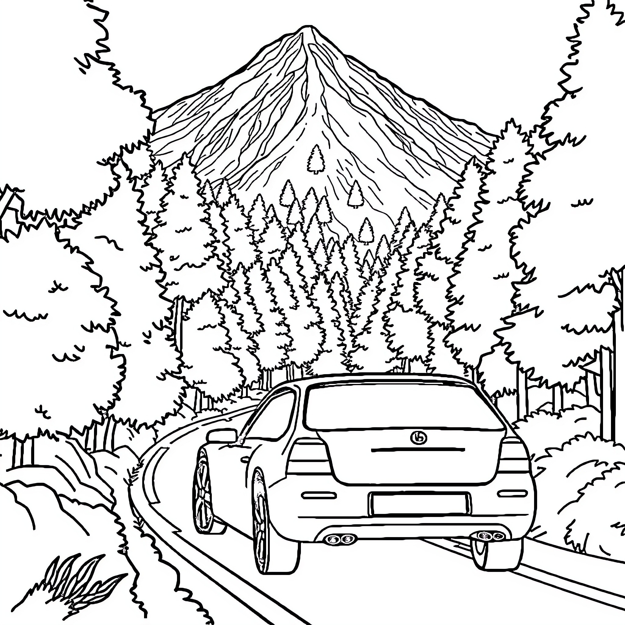 Car driving through scenic mountain road Coloring Page (free black-and-white line drawing printable PDF for all, from beginners to advanced learners, including children, teens, adults, and seniors)