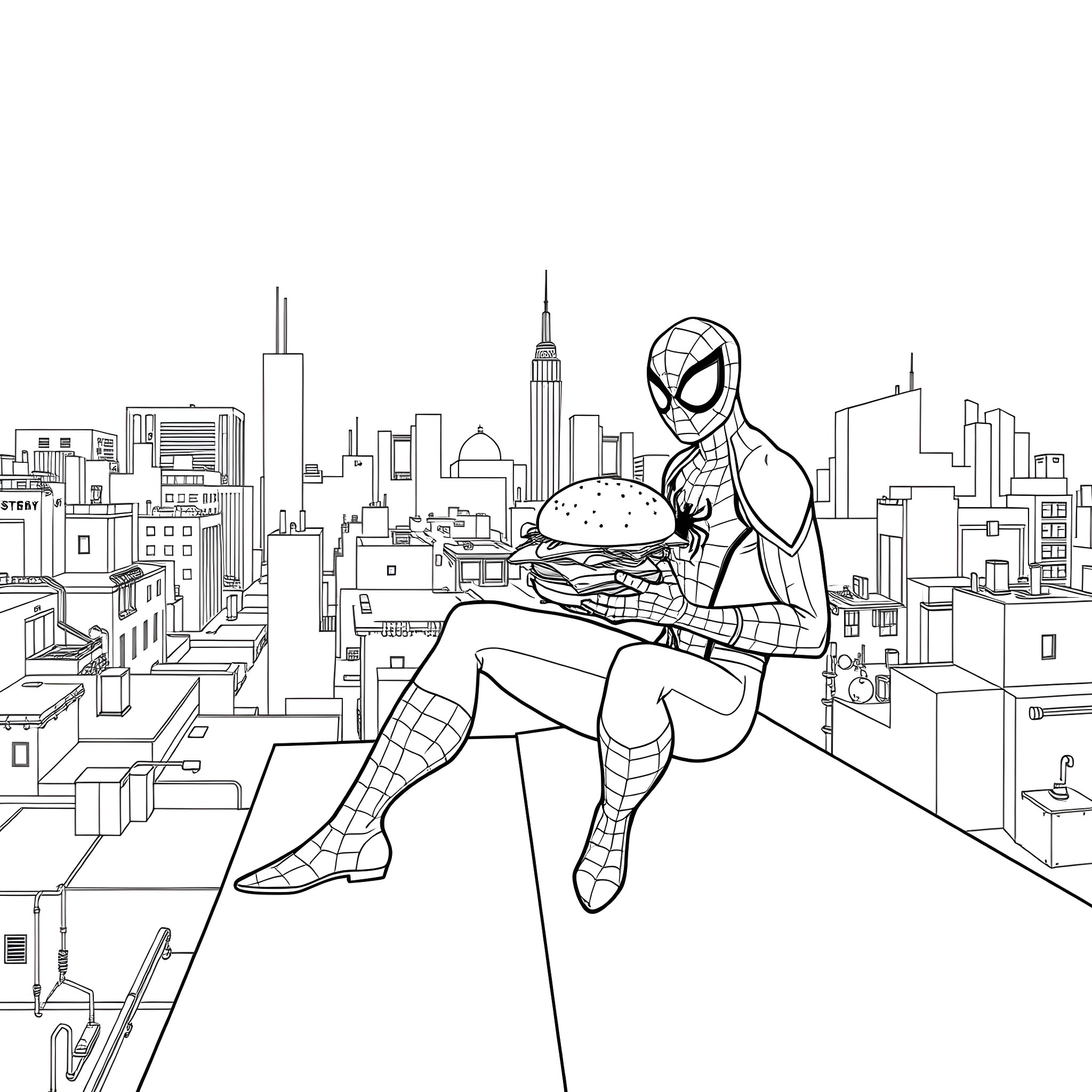 Spiderman enjoying a burger in the city Coloring Page (free black-and-white line drawing printable PDF for all, from beginners to advanced learners, including children, teens, adults, and seniors)