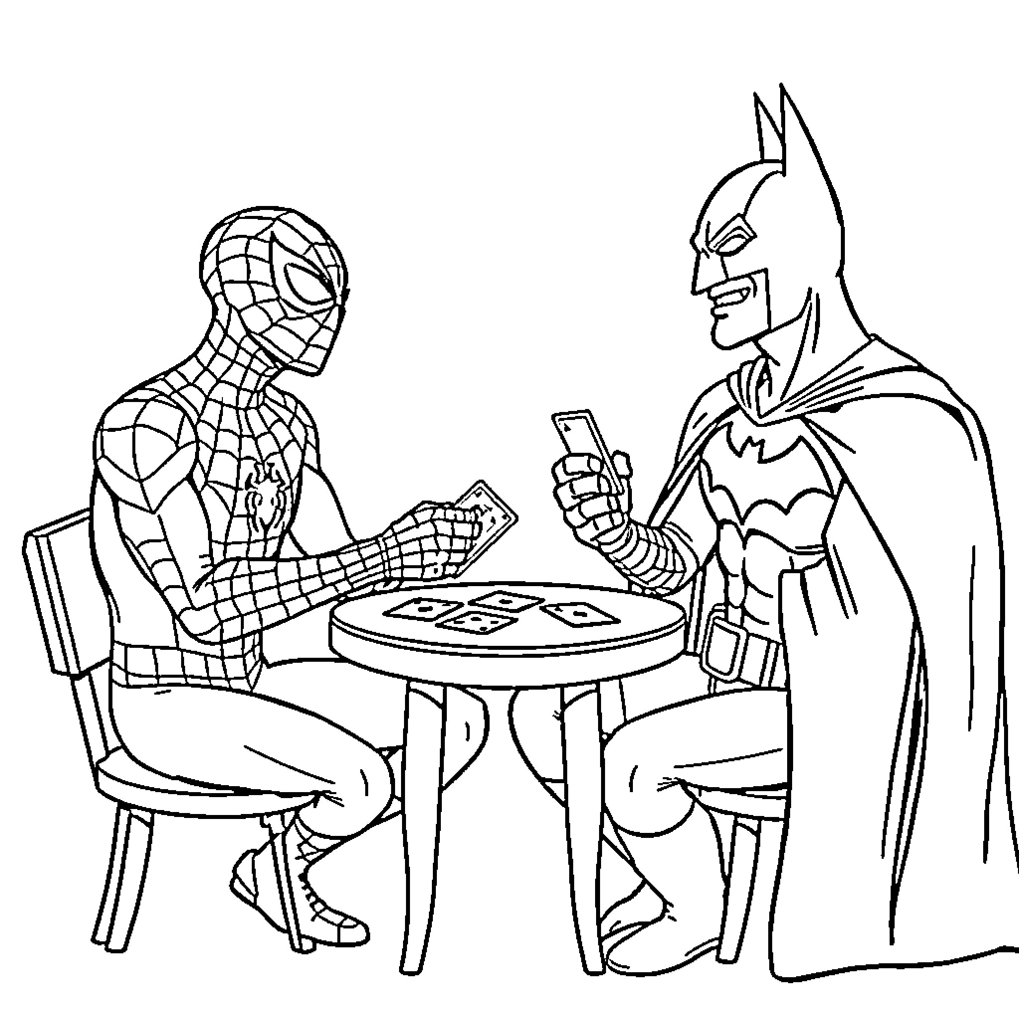 Spiderman and Batman playing video games together Coloring Page (free black-and-white line drawing printable PDF for all, from beginners to advanced learners, including children, teens, adults, and seniors)