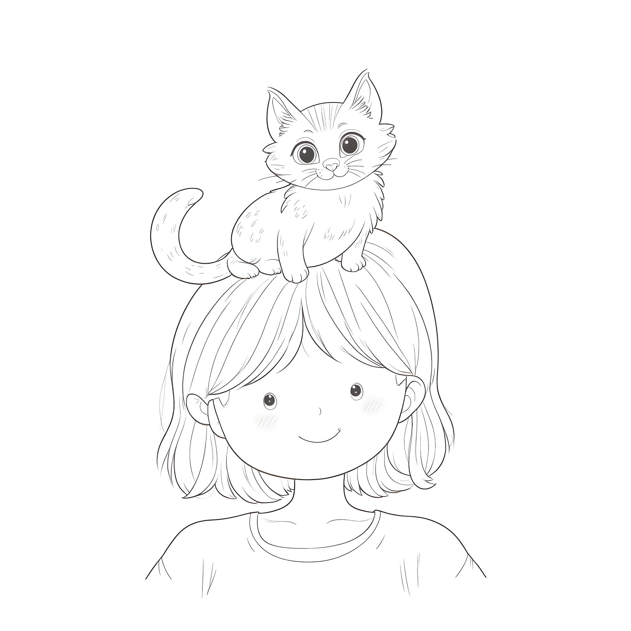 Kitten sitting on girl's head with big eyes Coloring Page (free black-and-white line drawing printable PDF for all, from beginners to advanced learners, including children, teens, adults, and seniors)