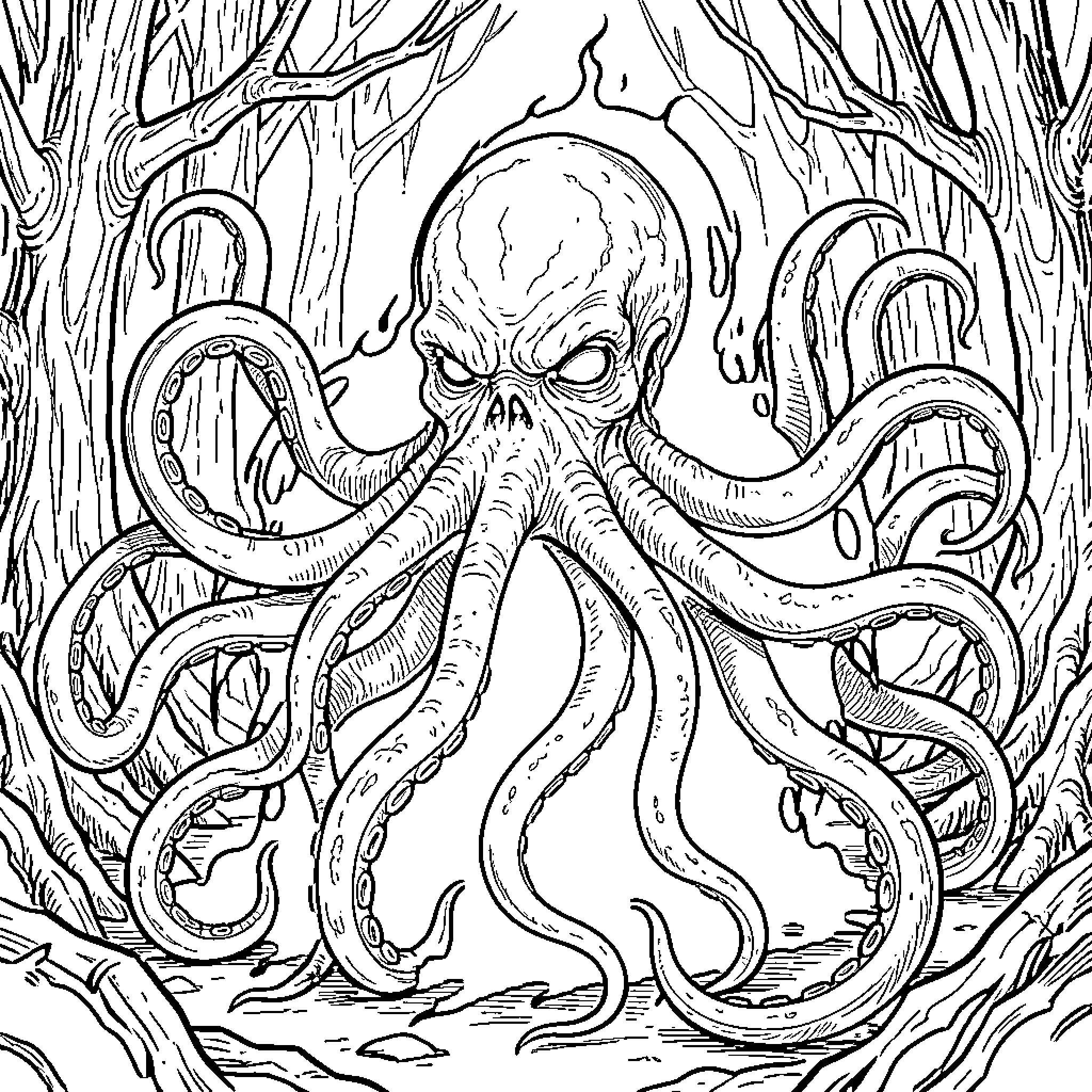MindFlayer Octopus Lurking in the Dark Forest Coloring Page (free black-and-white line drawing printable PDF for all, from beginners to advanced learners, including children, teens, adults, and seniors)