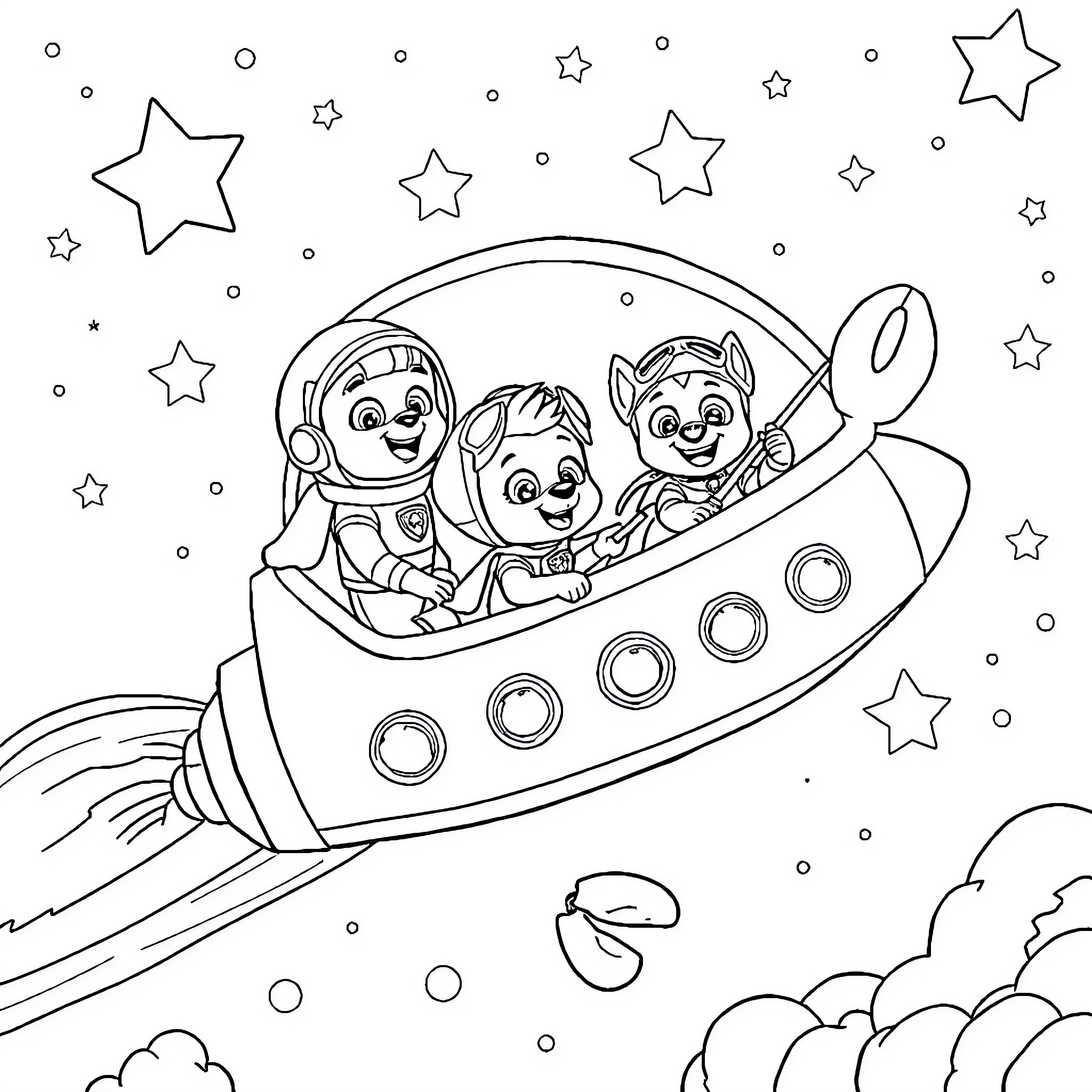 Paw Patrol Pups Explore the Galaxy in a Rocket Coloring Page (free black-and-white line drawing printable PDF for all, from beginners to advanced learners, including children, teens, adults, and seniors)