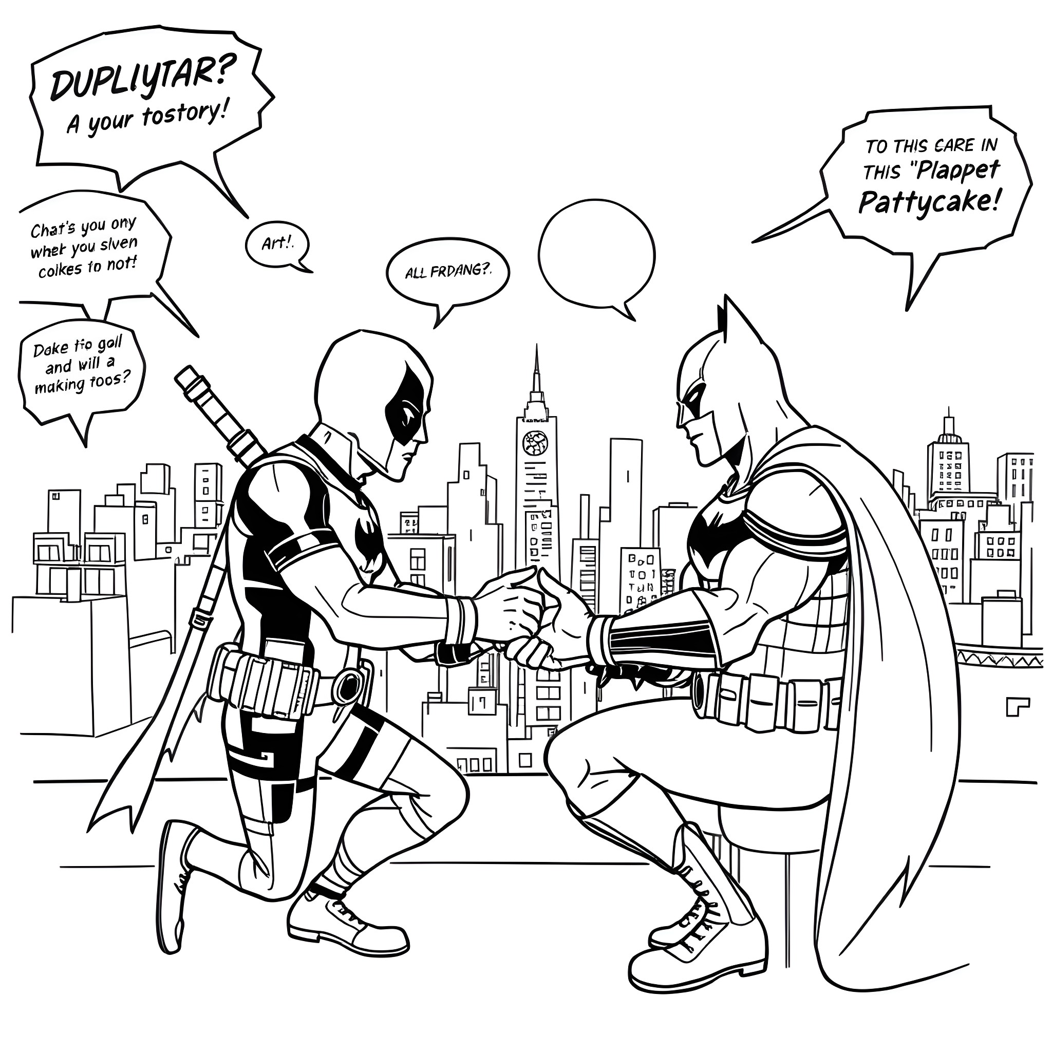 Deadpool and Batman's Quippy Confrontation in the City Coloring Page (free black-and-white line drawing printable PDF for all, from beginners to advanced learners, including children, teens, adults, and seniors)