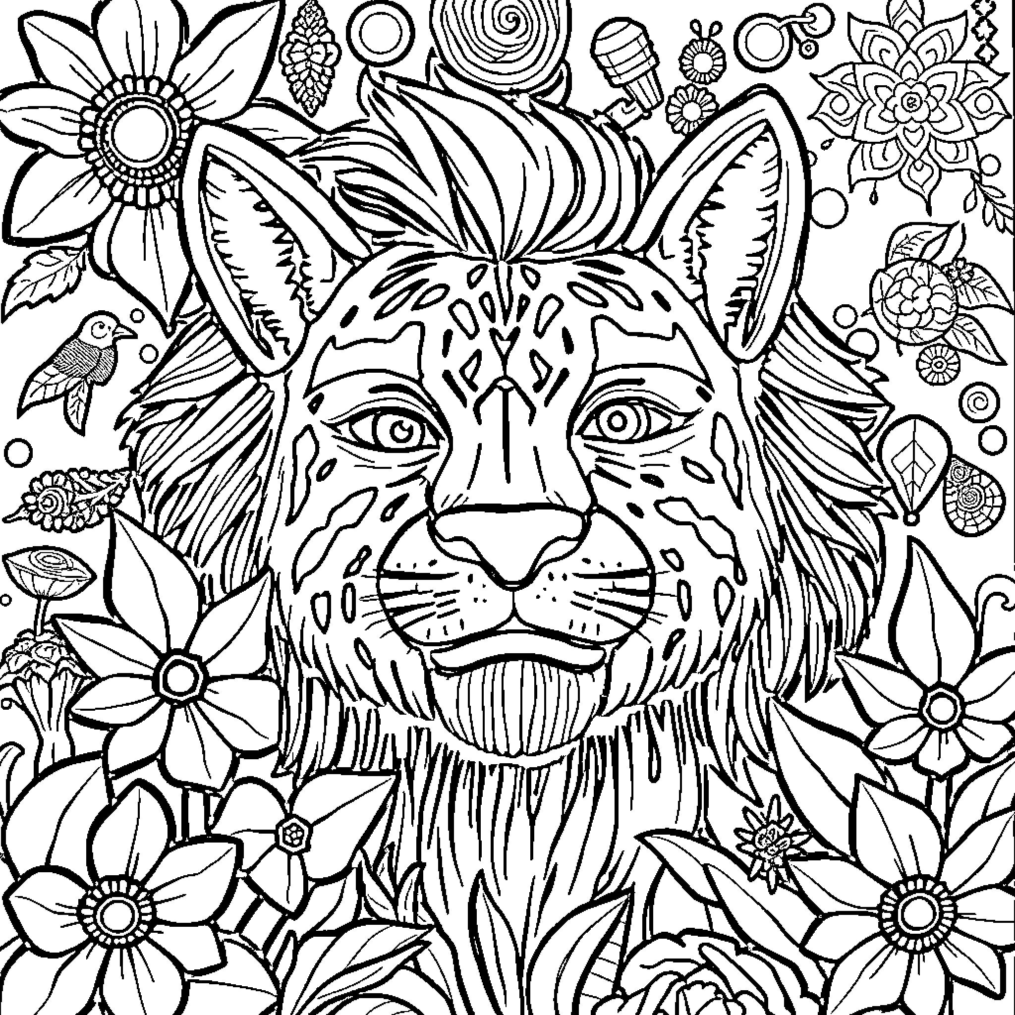 Teen Wild Feline in Floral Wonderland Coloring Page (free black-and-white line drawing printable PDF for all, from beginners to advanced learners, including children, teens, adults, and seniors)