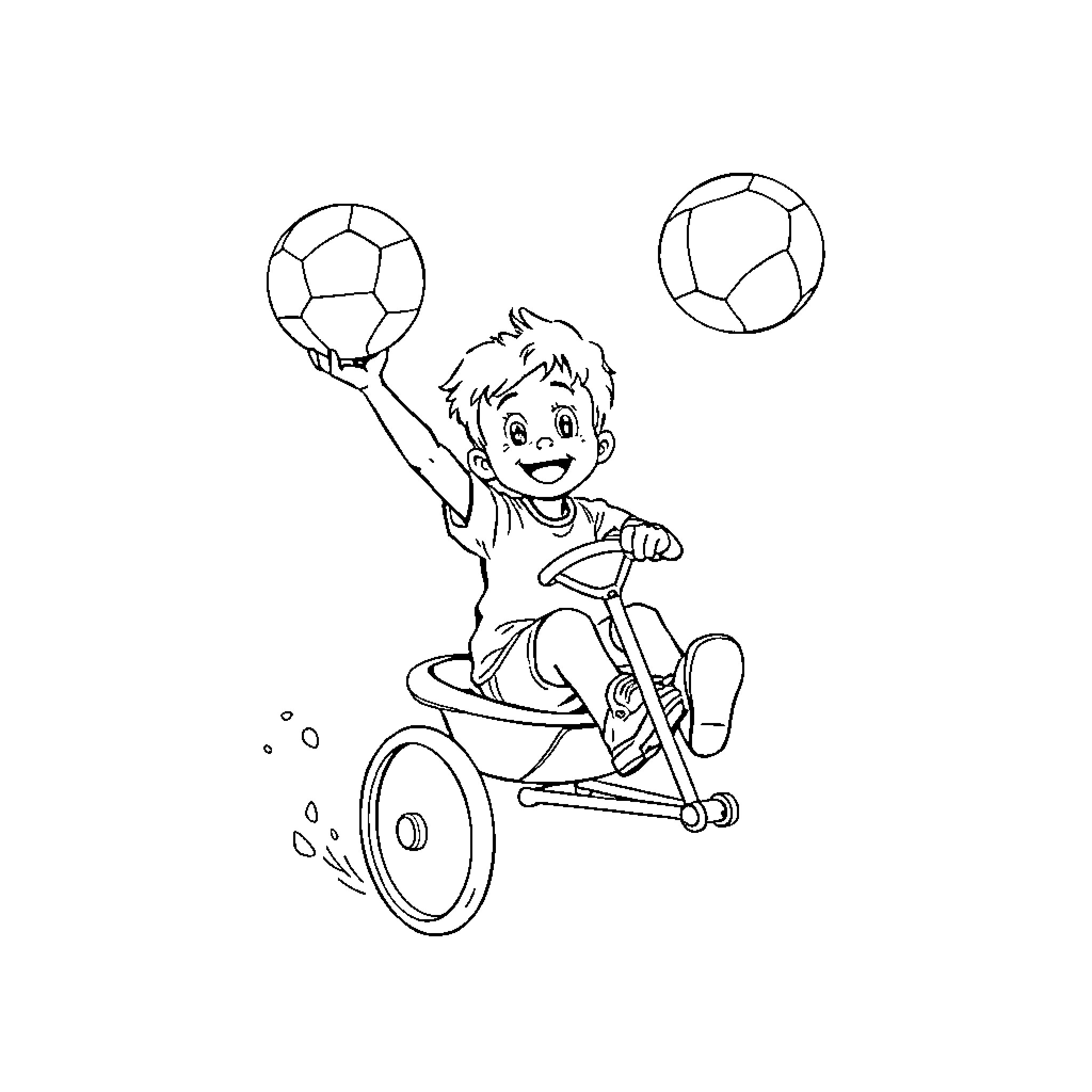Niño jugando con balones de fútbol en silla de ruedas Coloring Page (free black-and-white line drawing printable PDF for all, from beginners to advanced learners, including children, teens, adults, and seniors)