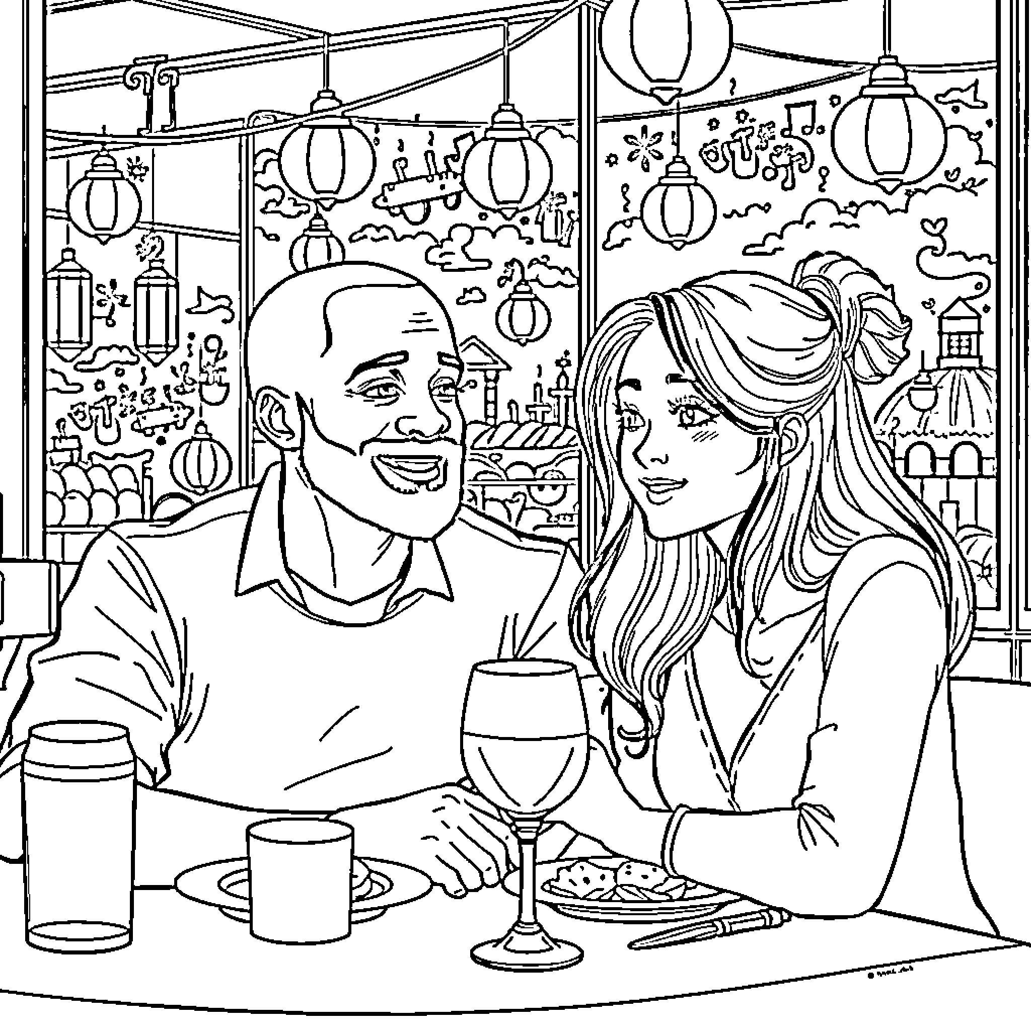 Couple enjoying a night out at a restaurant Coloring Page (free black-and-white line drawing printable PDF for all, from beginners to advanced learners, including children, teens, adults, and seniors)