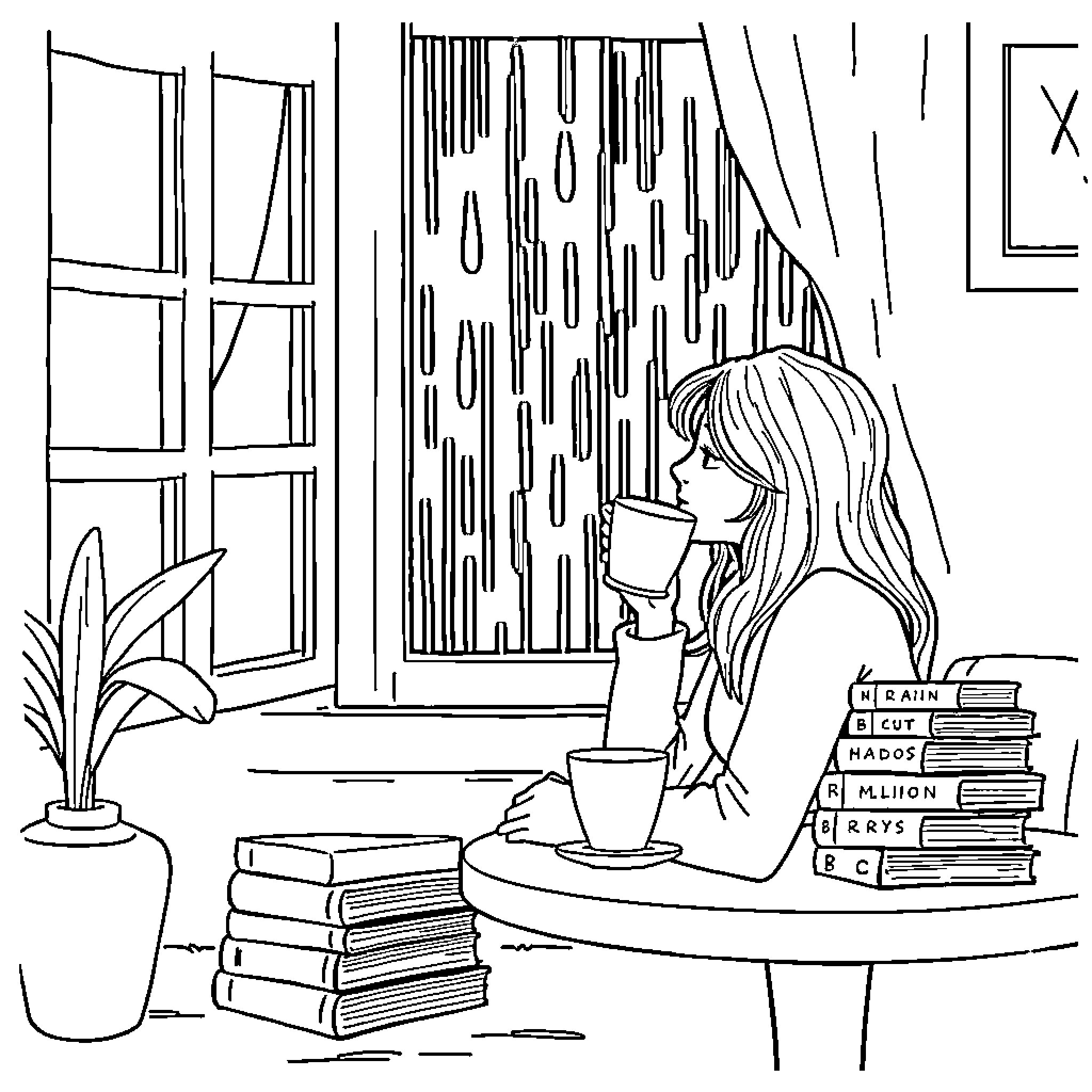 Woman relaxing with coffee in cozy home library Coloring Page (free black-and-white line drawing printable PDF for all, from beginners to advanced learners, including children, teens, adults, and seniors)