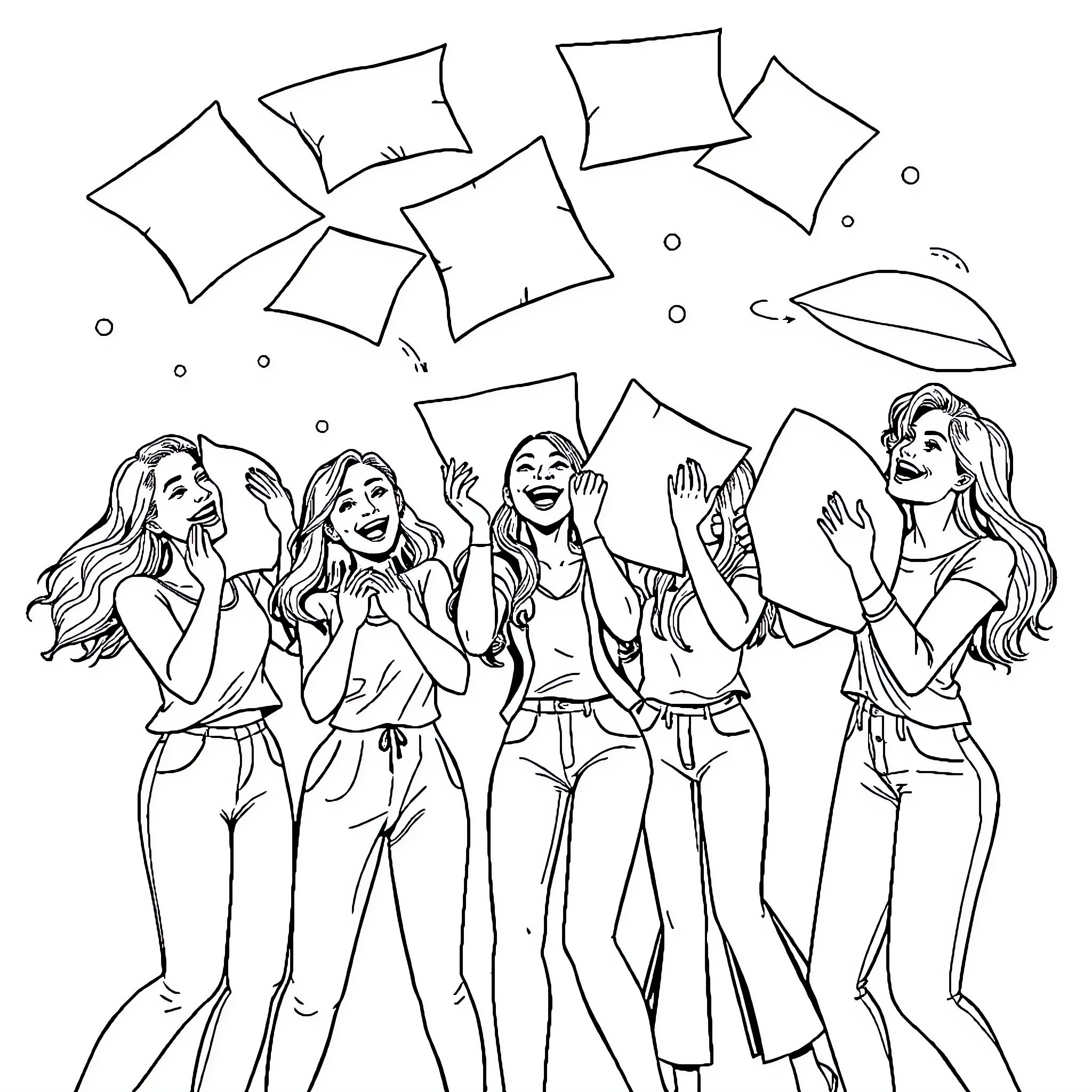 Woman celebrating joyfully with friends Coloring Page (free black-and-white line drawing printable PDF for all, from beginners to advanced learners, including children, teens, adults, and seniors)