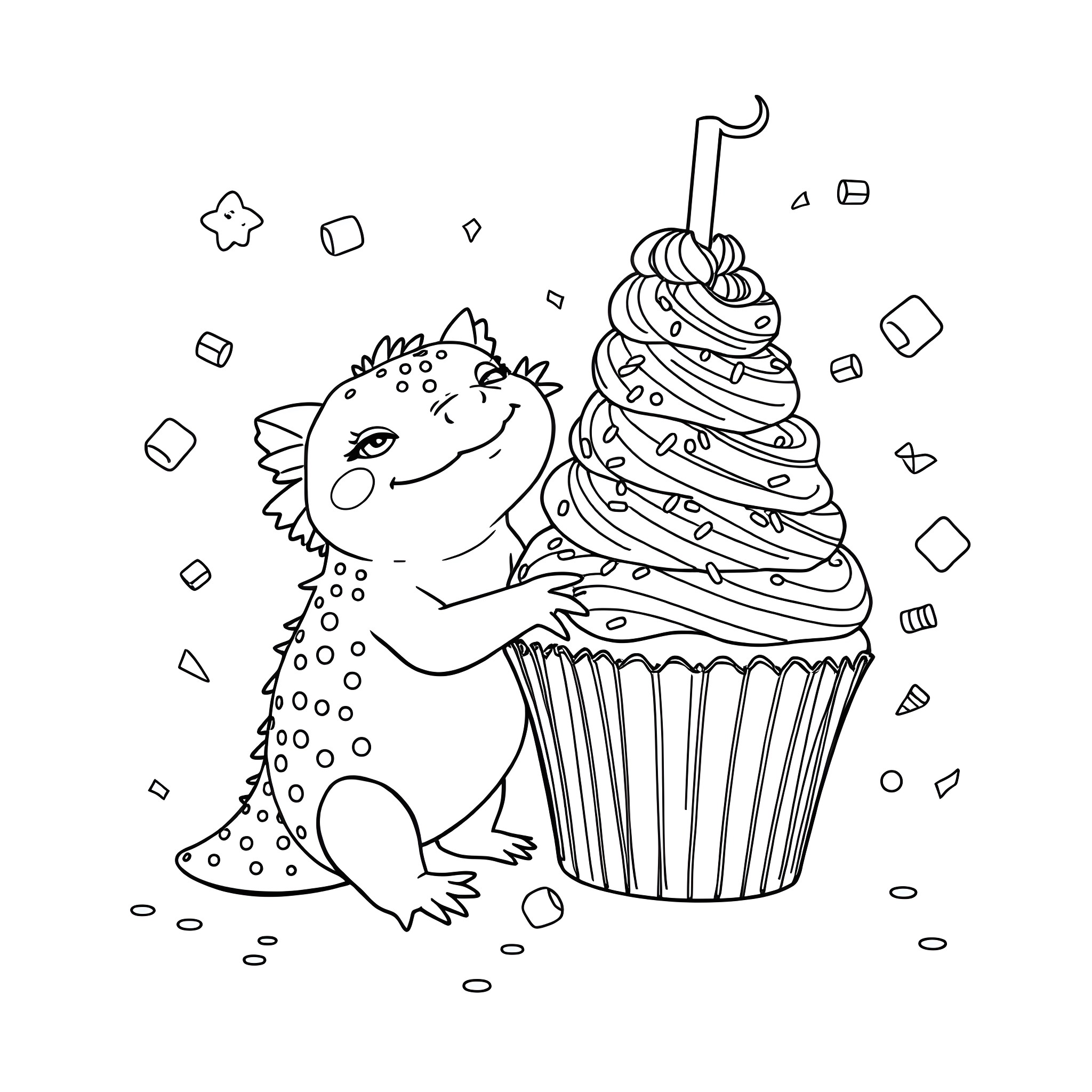 Axolotl holding a giant cupcake Coloring Page (free black-and-white line drawing printable PDF for all, from beginners to advanced learners, including children, teens, adults, and seniors)