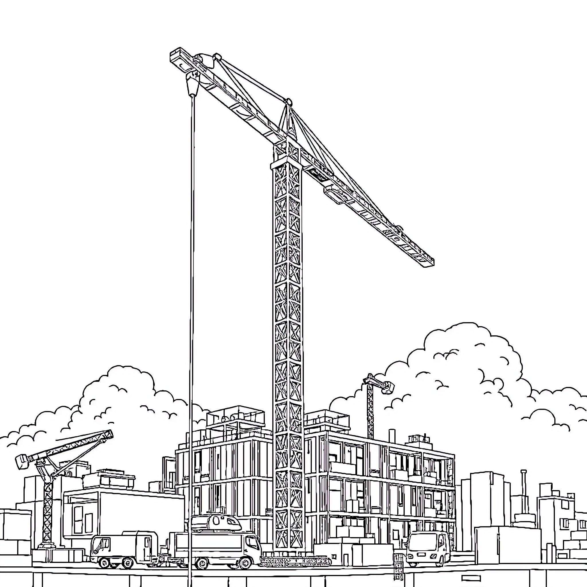 Crane operating on a construction site Coloring Page (free black-and-white line drawing printable PDF for all, from beginners to advanced learners, including children, teens, adults, and seniors)