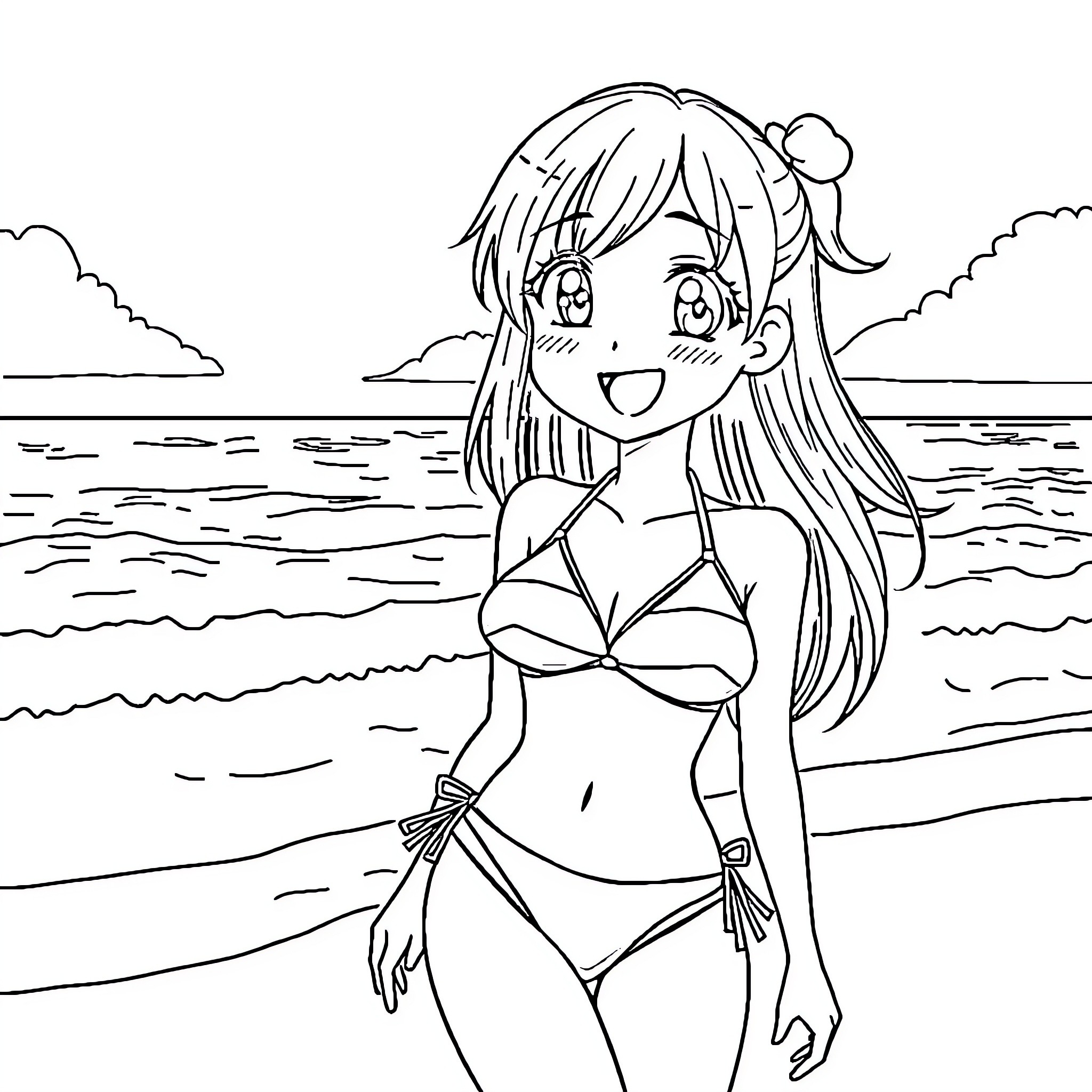 Anime Girl Happily Posing on the Beach Coloring Page (free black-and-white line drawing printable PDF for all, from beginners to advanced learners, including children, teens, adults, and seniors)