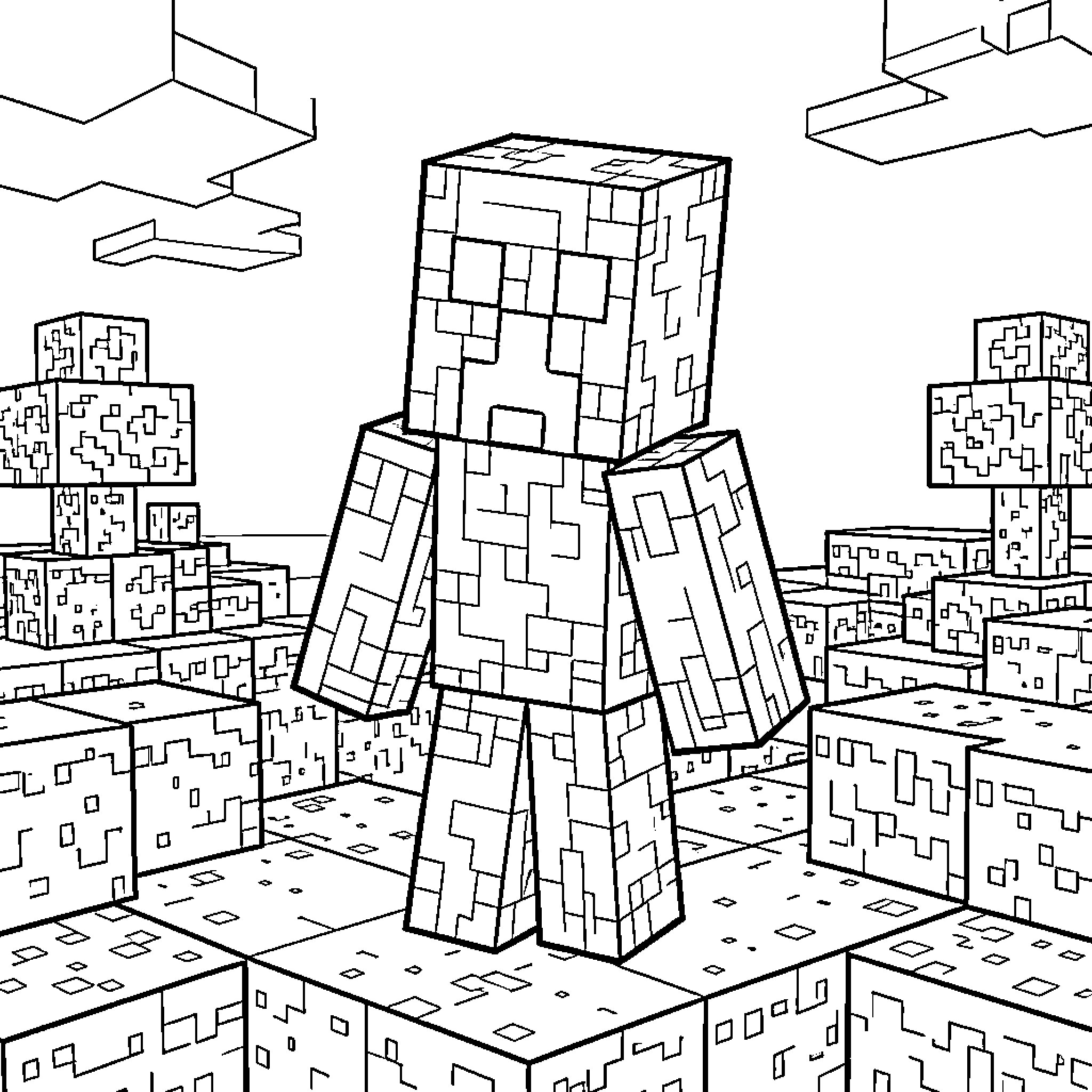 Creeper standing amidst a blocky landscape Coloring Page (free black-and-white line drawing printable PDF for all, from beginners to advanced learners, including children, teens, adults, and seniors)