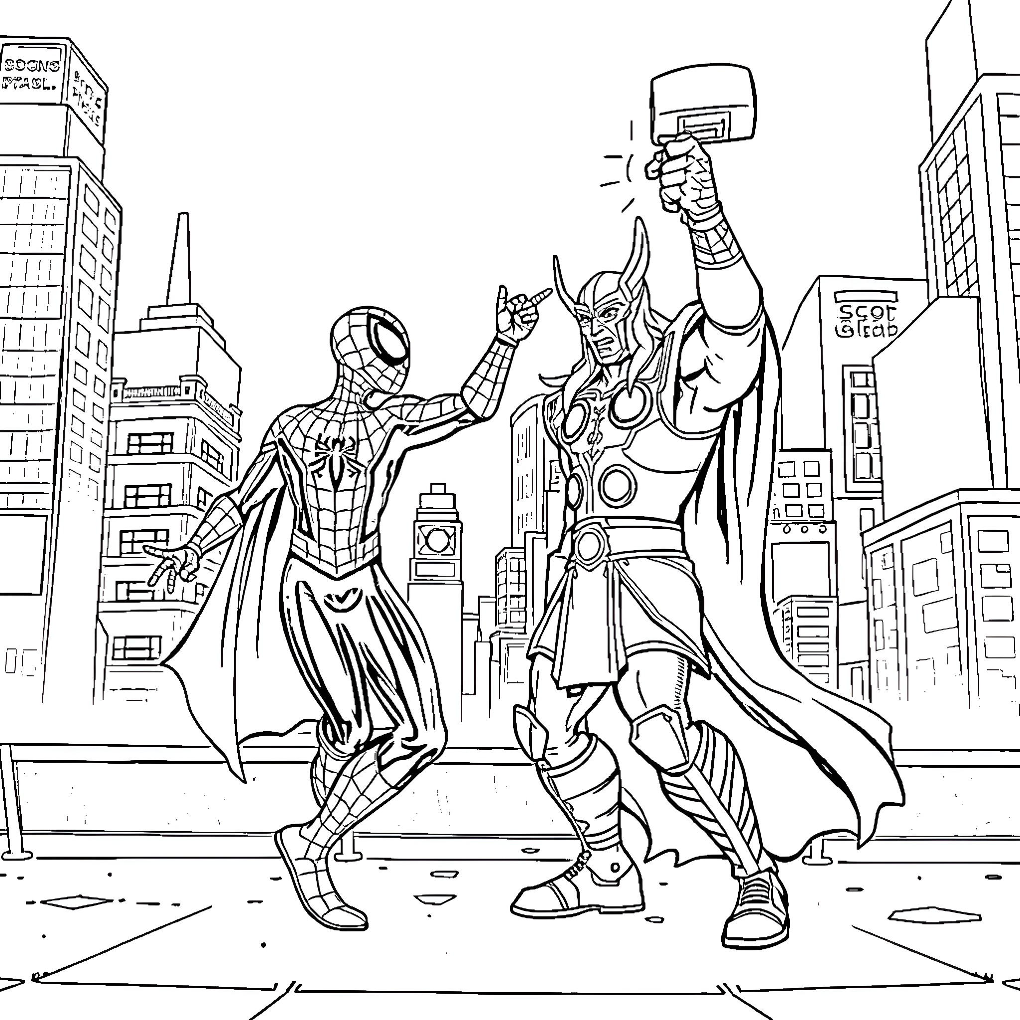 Spider-Man battles a powerful robot in the city Coloring Page (free black-and-white line drawing printable PDF for all, from beginners to advanced learners, including children, teens, adults, and seniors)