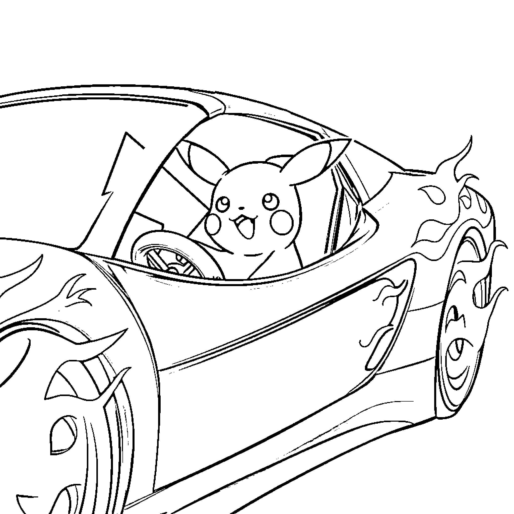Sports Car with Cartoon Character in Driver's Seat Coloring Page (free black-and-white line drawing printable PDF for all, from beginners to advanced learners, including children, teens, adults, and seniors)