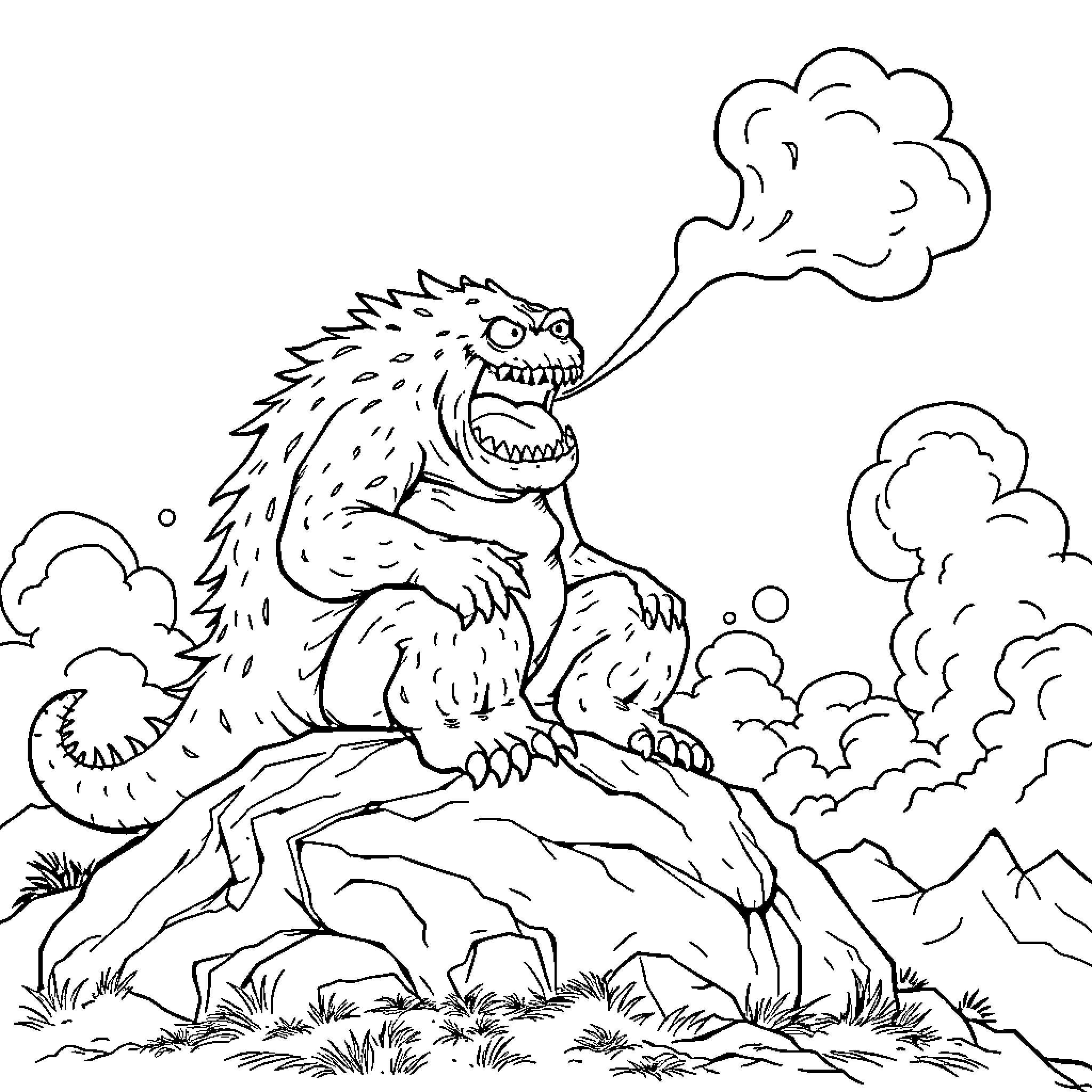 Monster Creature Breathing Smoke on Rocky Terrain Coloring Page (free black-and-white line drawing printable PDF for all, from beginners to advanced learners, including children, teens, adults, and seniors)
