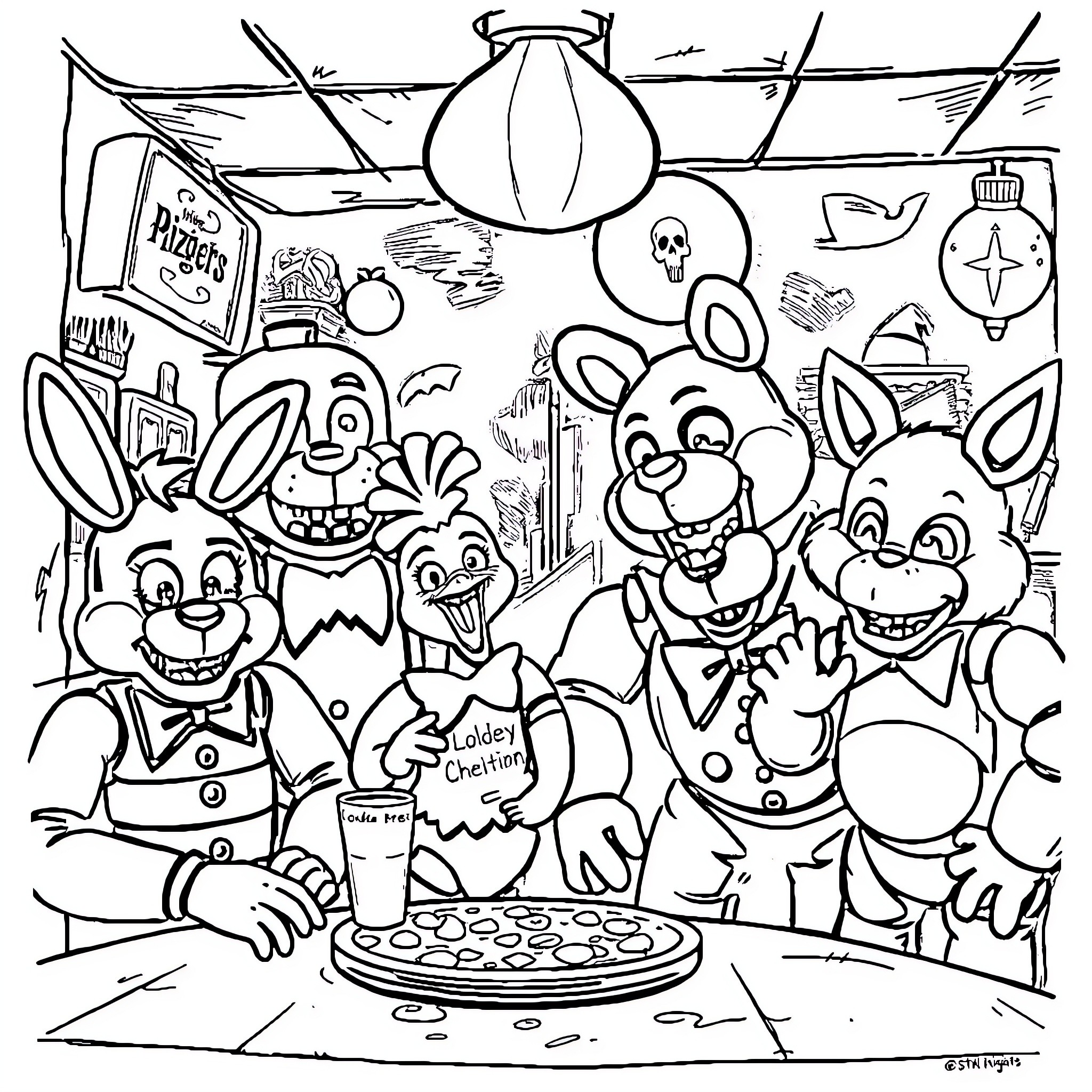Five Nights At Freddy's: Animatronics Enjoying Pizza Coloring Page (free black-and-white line drawing printable PDF for all, from beginners to advanced learners, including children, teens, adults, and seniors)