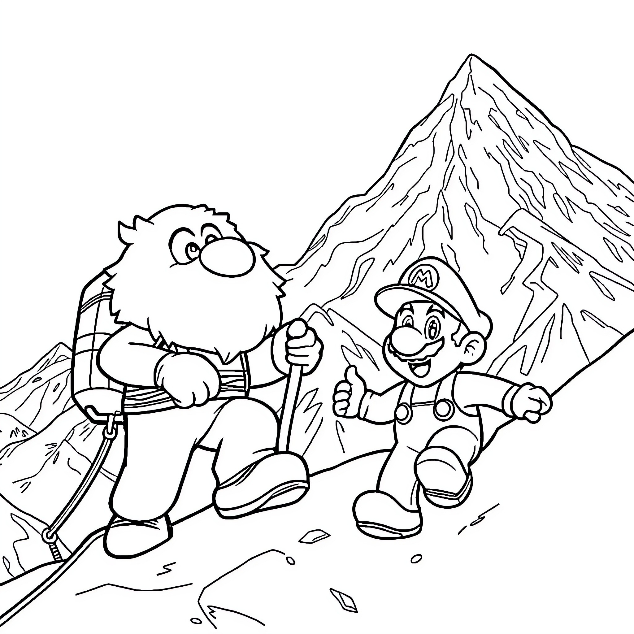 Groku Hiking with Adventurous Companion in Mountains Coloring Page (free black-and-white line drawing printable PDF for all, from beginners to advanced learners, including children, teens, adults, and seniors)