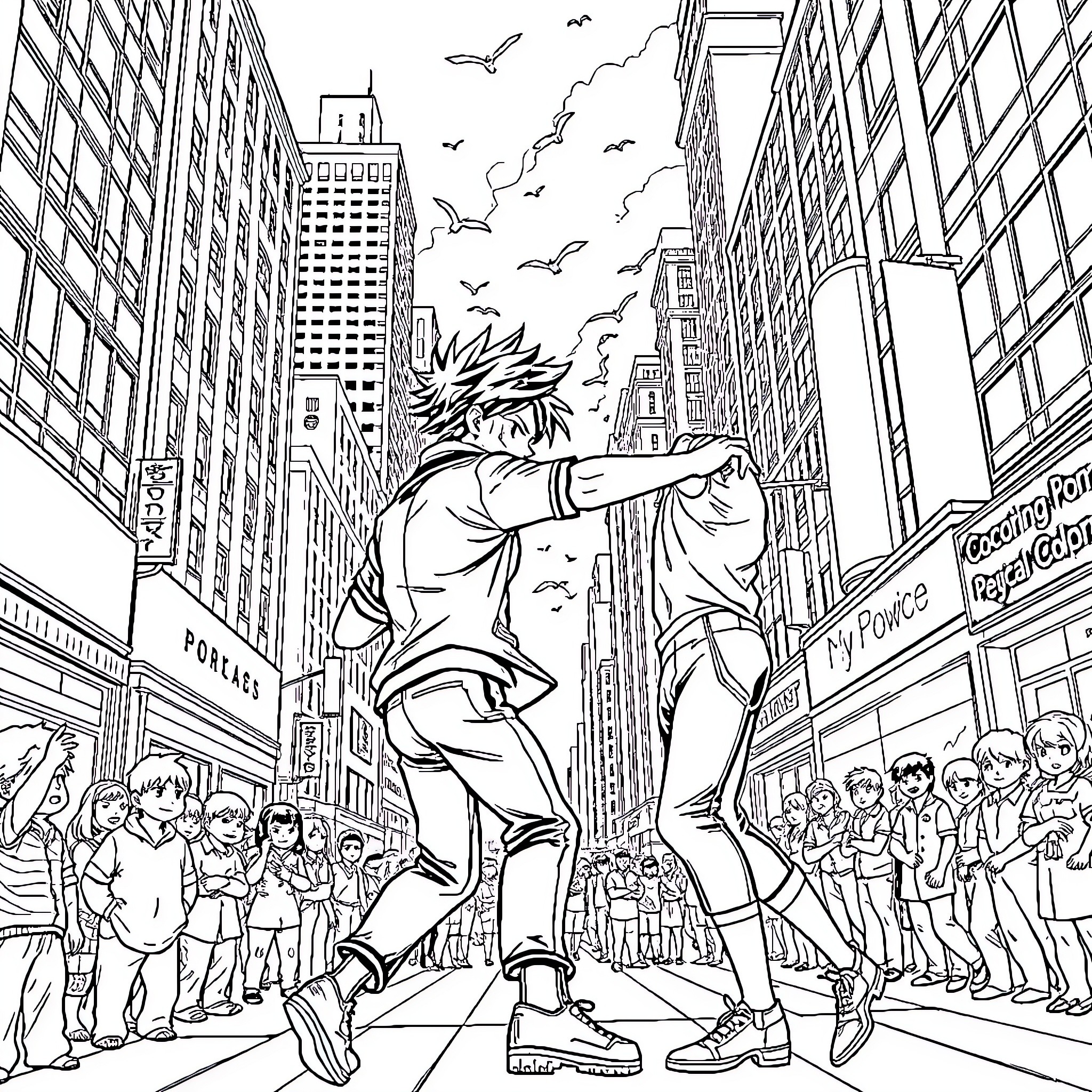 Izuku Midoriya fighting in a crowded city street Coloring Page (free black-and-white line drawing printable PDF for all, from beginners to advanced learners, including children, teens, adults, and seniors)