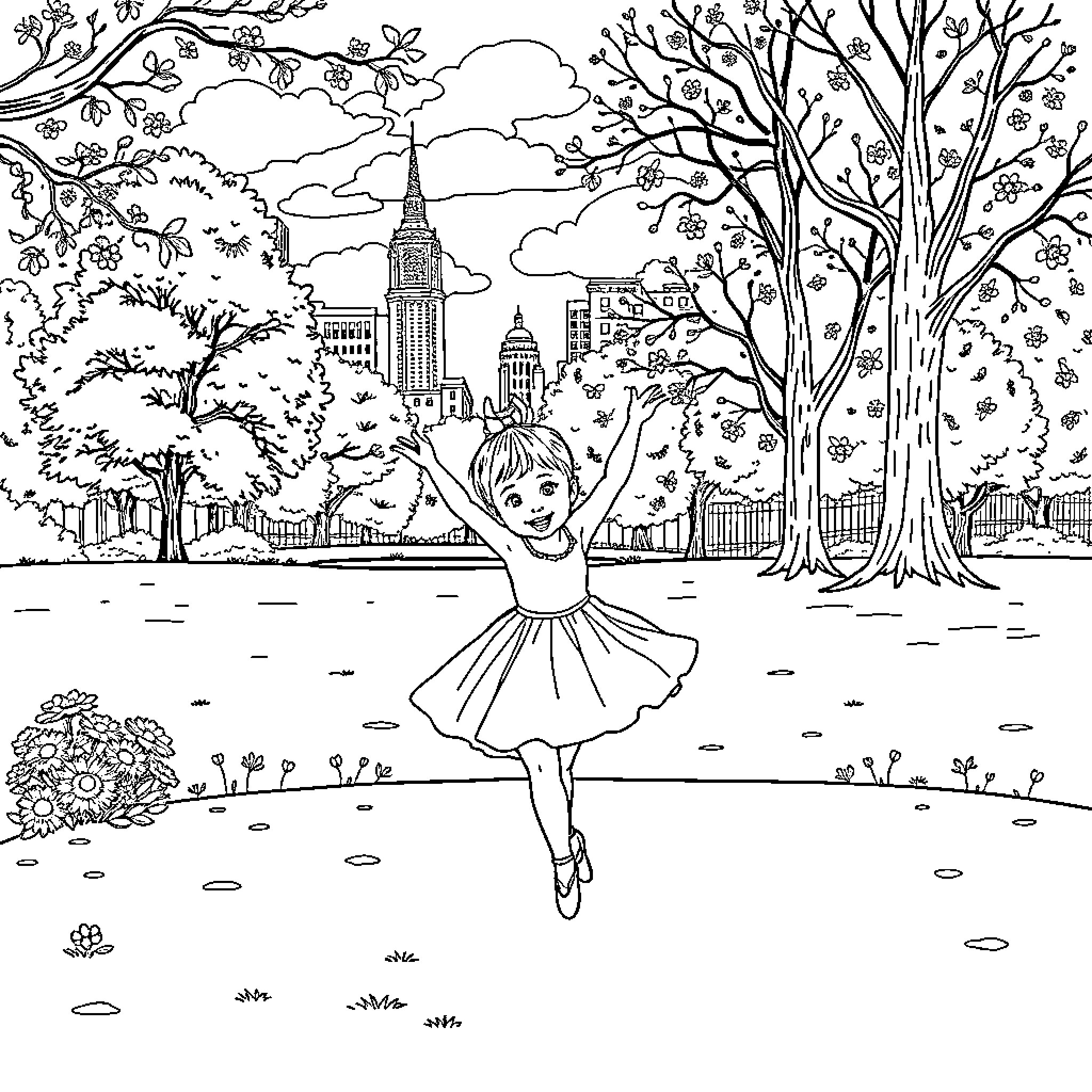Ballerina Dancing in the City Park Coloring Page (free black-and-white line drawing printable PDF for all, from beginners to advanced learners, including children, teens, adults, and seniors)