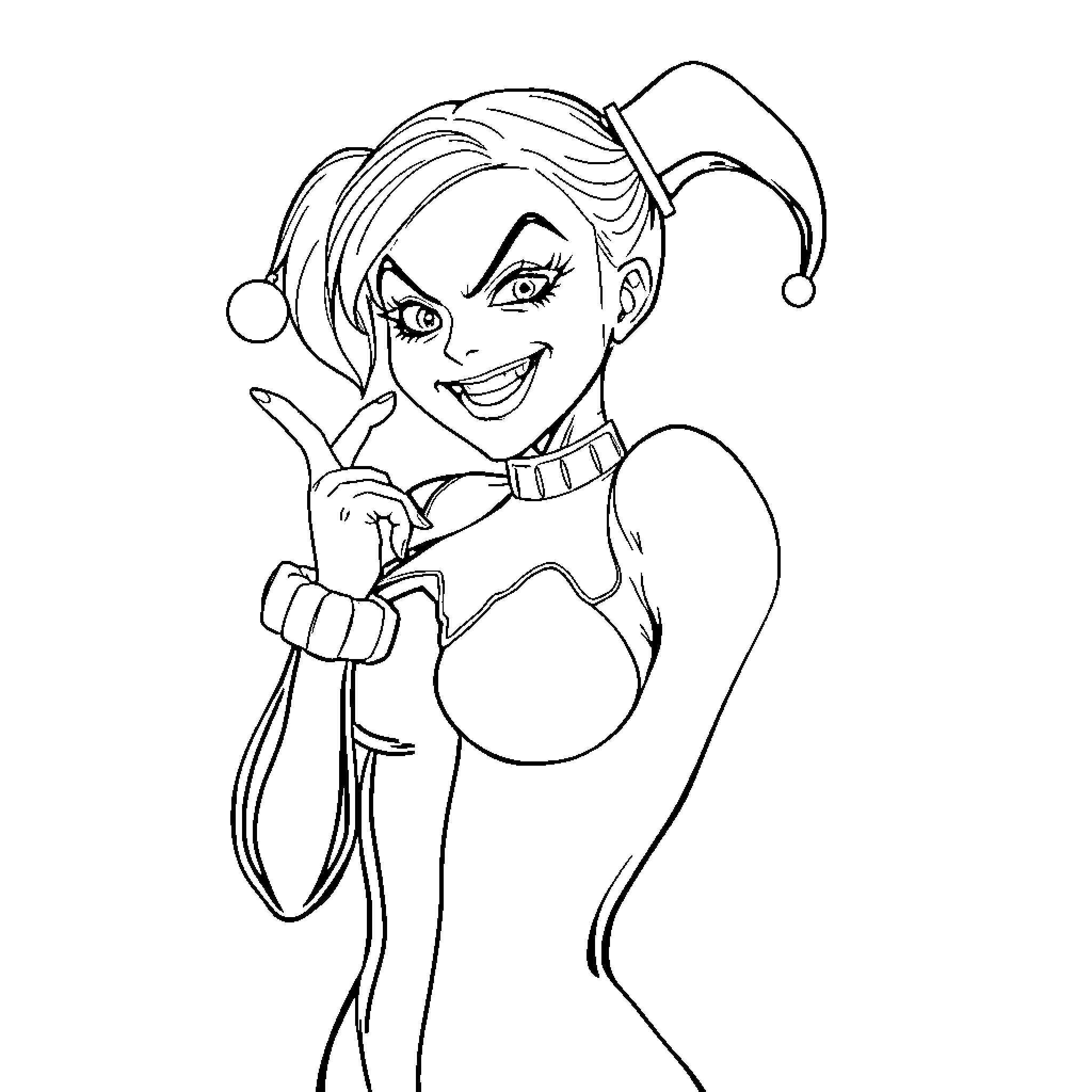 Harley Quinn in a playful and mischievous pose Coloring Page (free black-and-white line drawing printable PDF for all, from beginners to advanced learners, including children, teens, adults, and seniors)