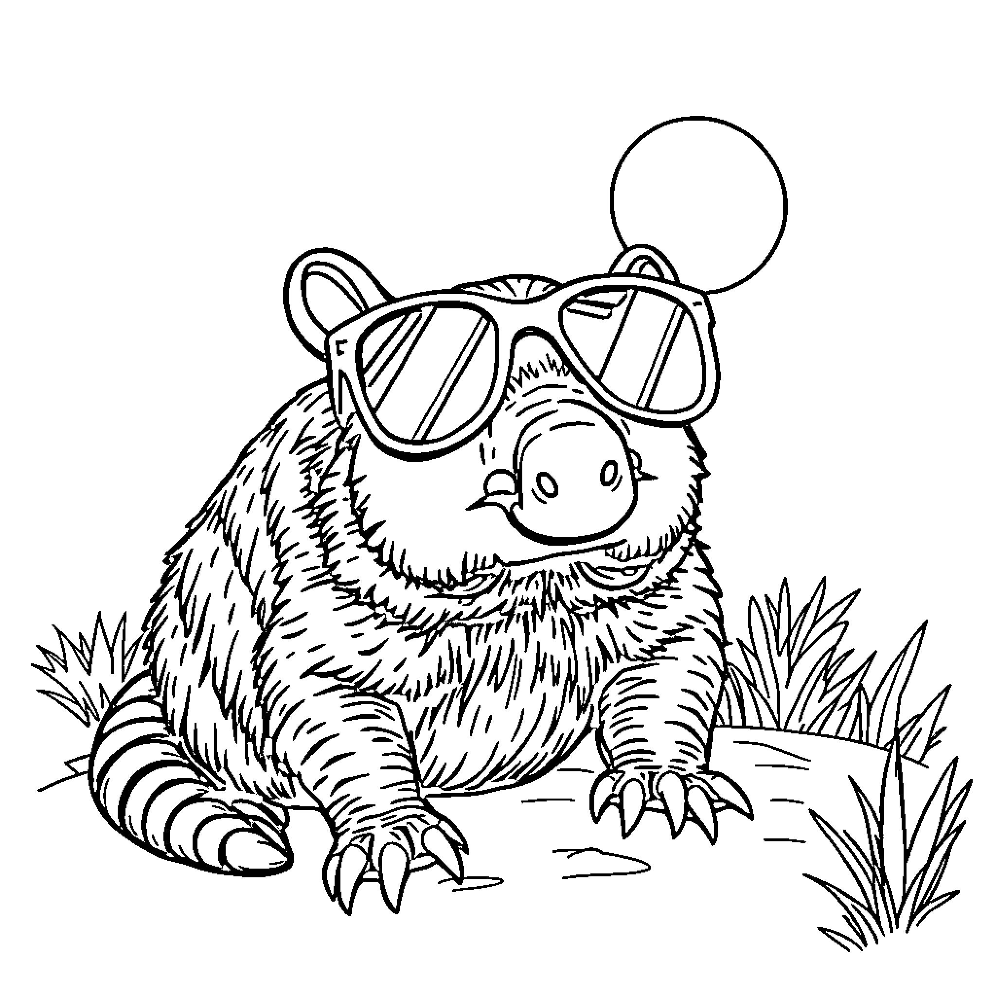 Armadillo wearing sunglasses in the grass Coloring Page (free black-and-white line drawing printable PDF for all, from beginners to advanced learners, including children, teens, adults, and seniors)