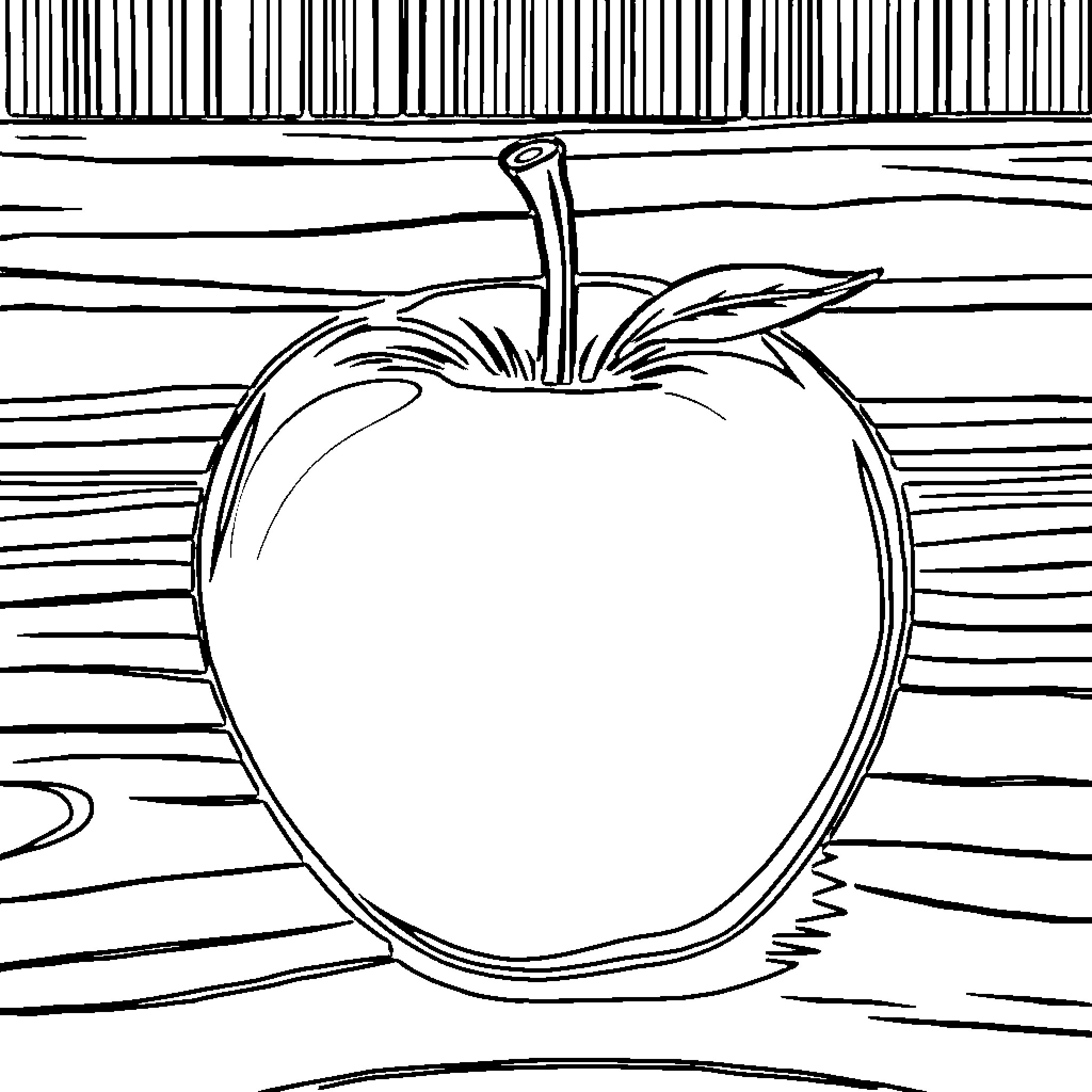 Apple on wooden textured background Coloring Page (free black-and-white line drawing printable PDF for all, from beginners to advanced learners, including children, teens, adults, and seniors)