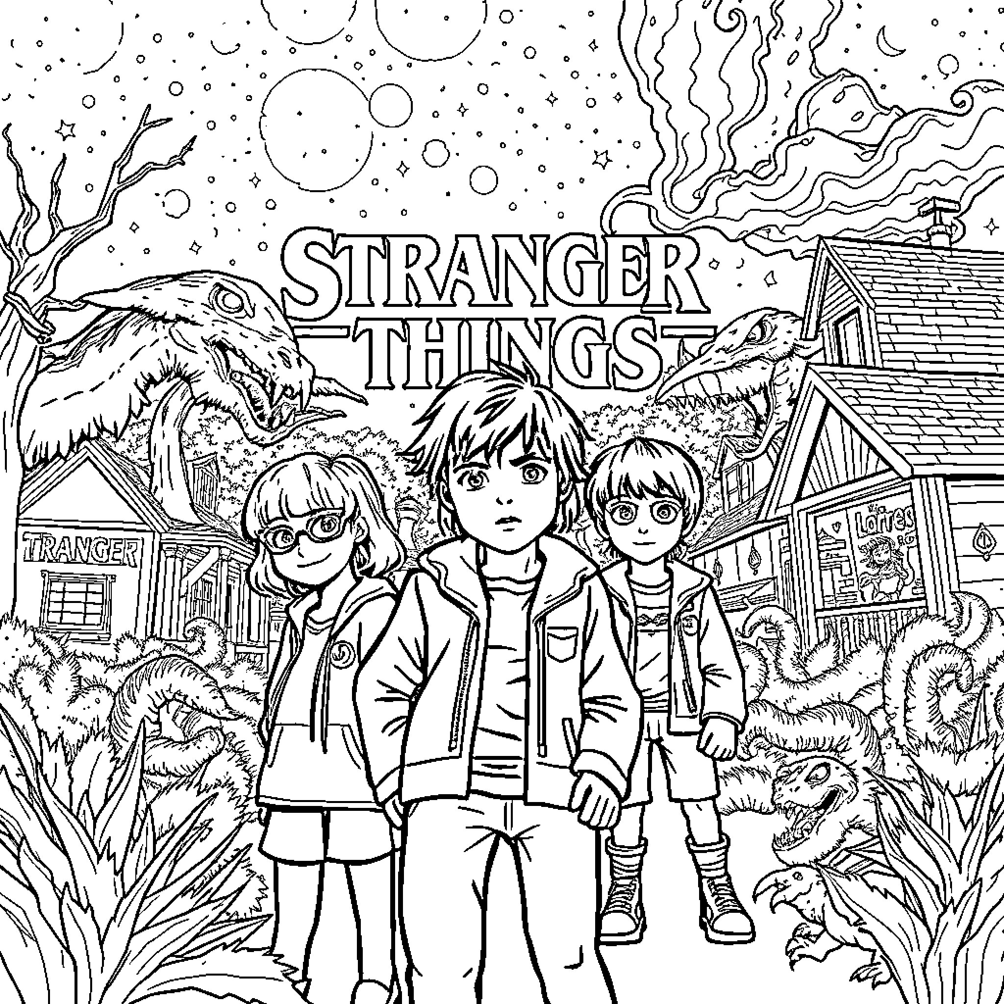 Stranger Things Group Adventure in the Spooky Outdoors Coloring Page (free black-and-white line drawing printable PDF for all, from beginners to advanced learners, including children, teens, adults, and seniors)