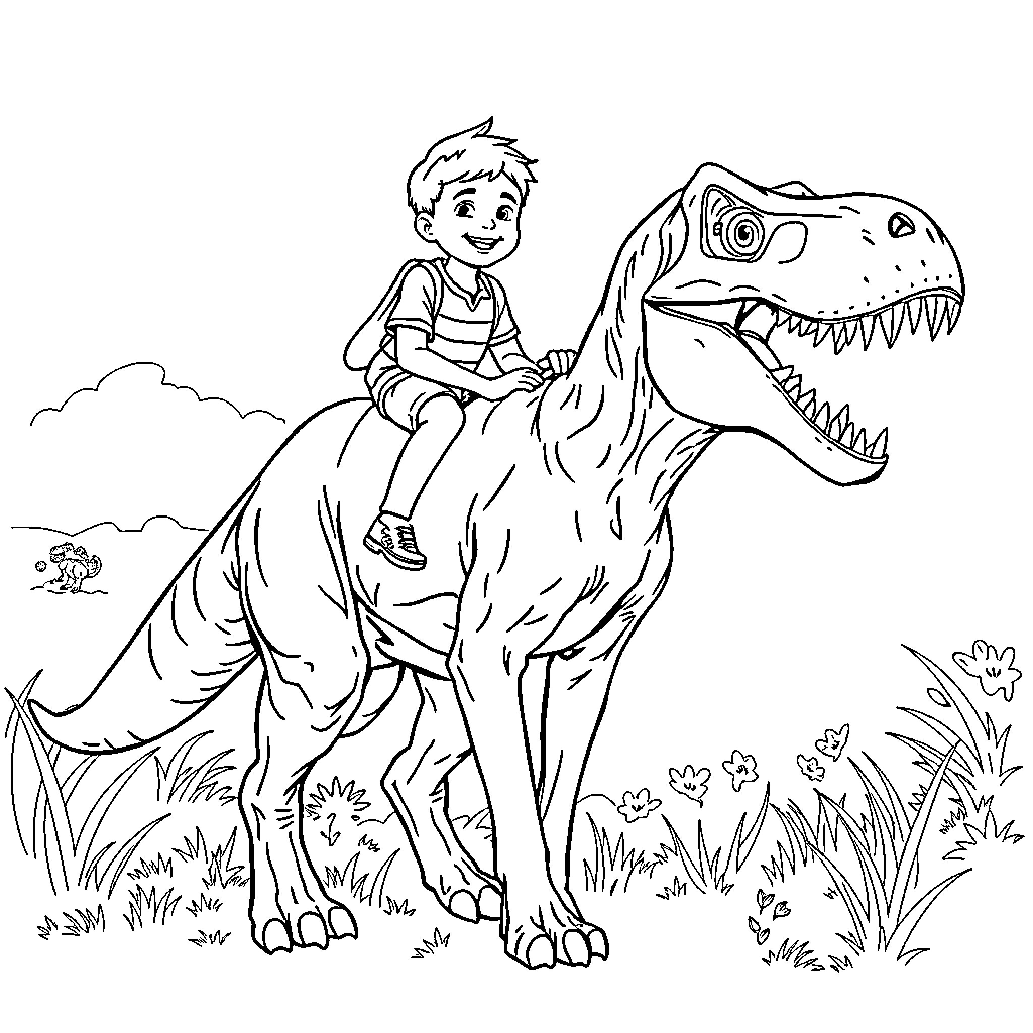 Boy riding playfully on a dinosaur Coloring Page (free black-and-white line drawing printable PDF for all, from beginners to advanced learners, including children, teens, adults, and seniors)