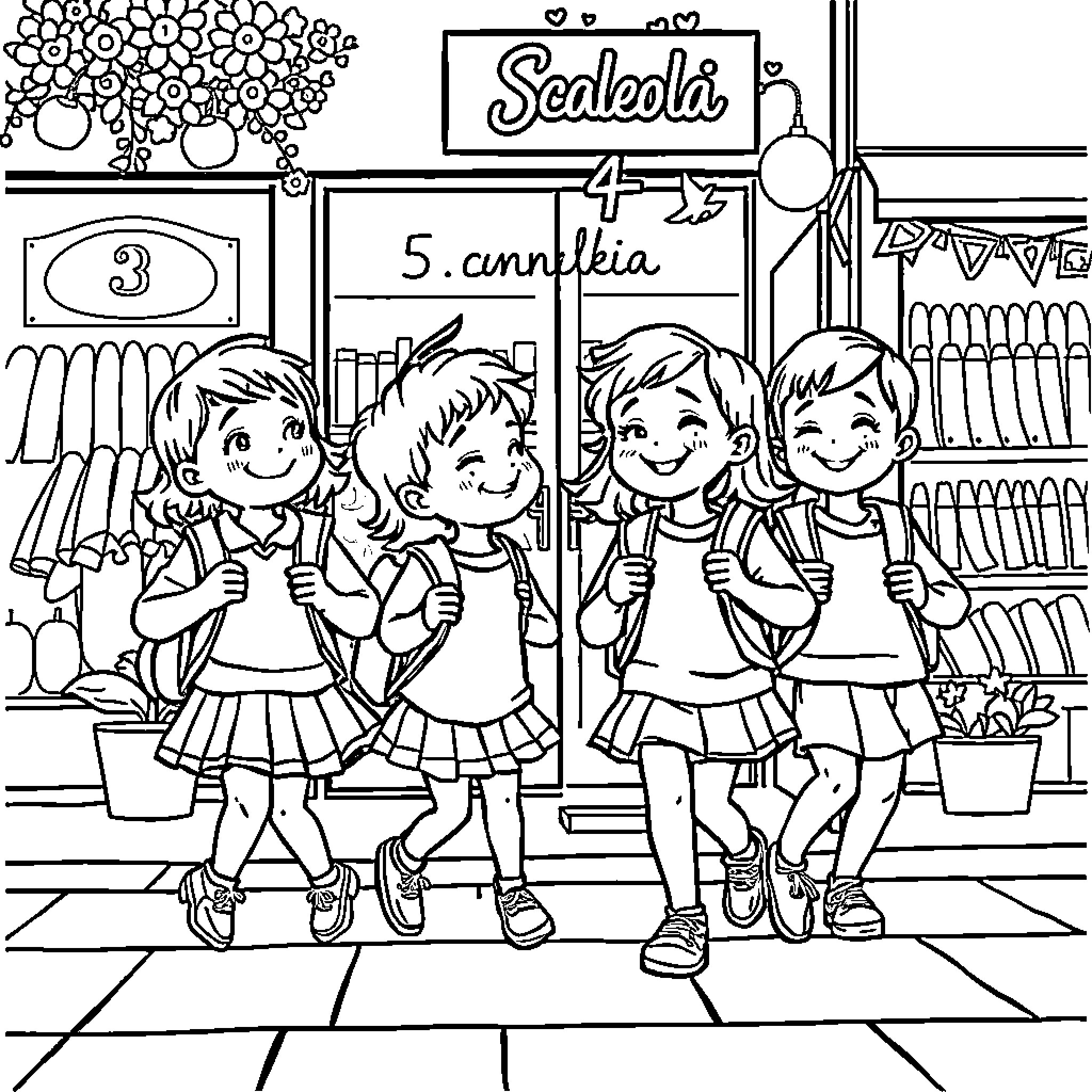 Bambino Friends Exploring the Stationery Store Coloring Page (free black-and-white line drawing printable PDF for all, from beginners to advanced learners, including children, teens, adults, and seniors)