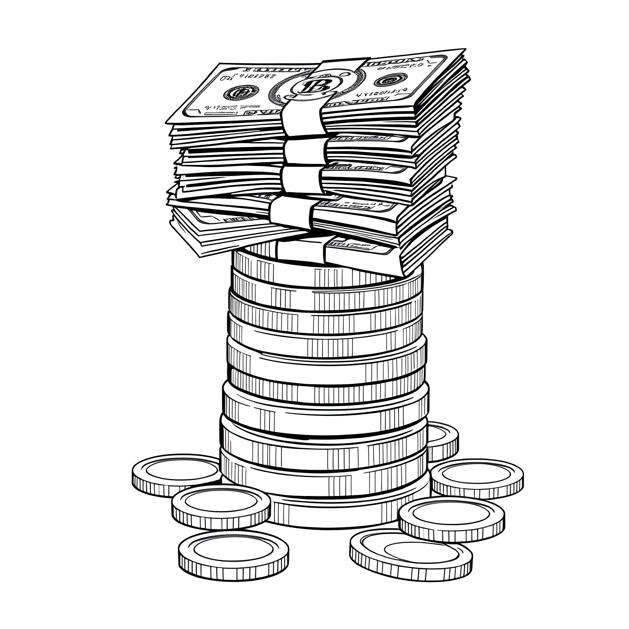 Money stacked high in piles and coins Coloring Page (free black-and-white line drawing printable PDF for all, from beginners to advanced learners, including children, teens, adults, and seniors)