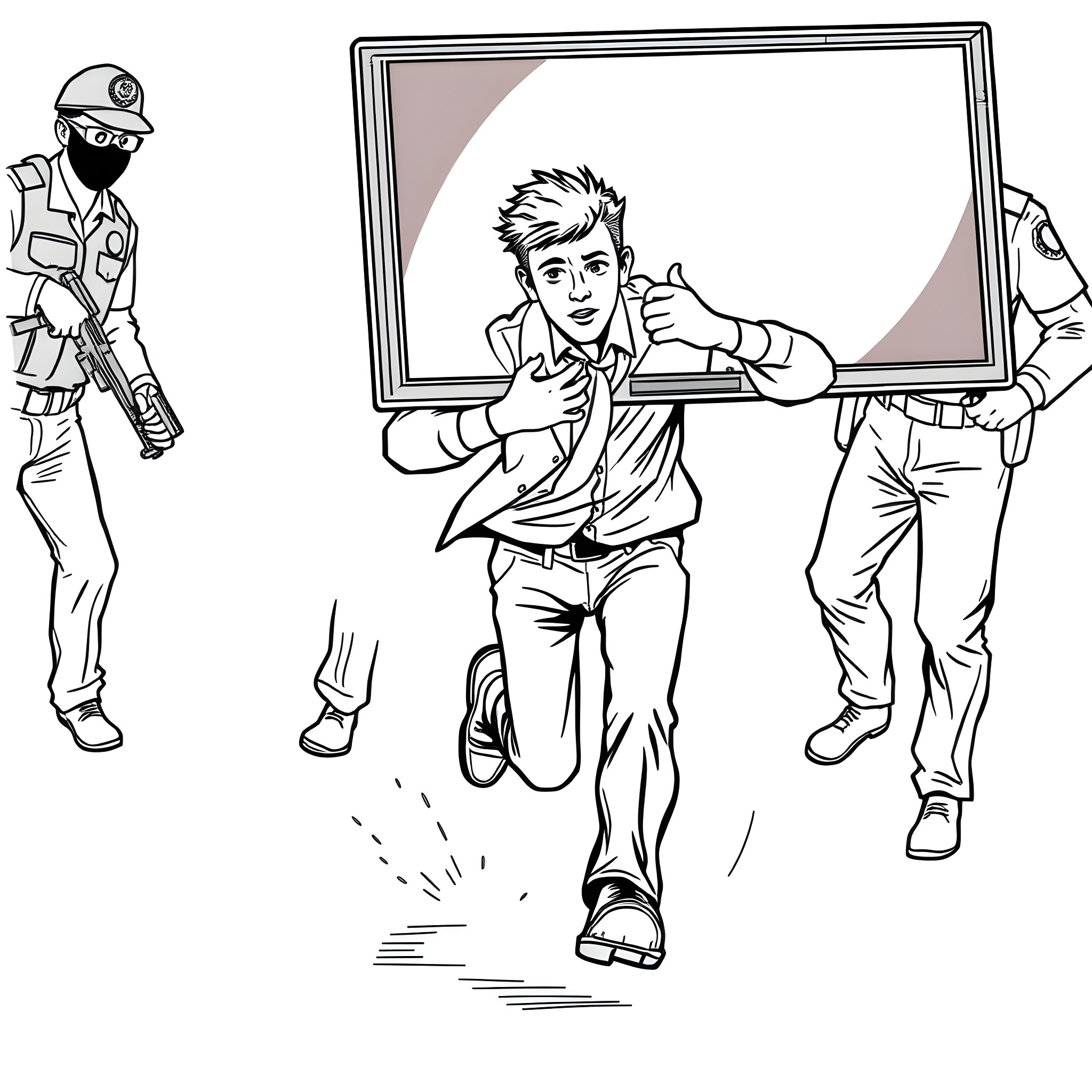 Thief evades capture by police officers Coloring Page (free black-and-white line drawing printable PDF for all, from beginners to advanced learners, including children, teens, adults, and seniors)