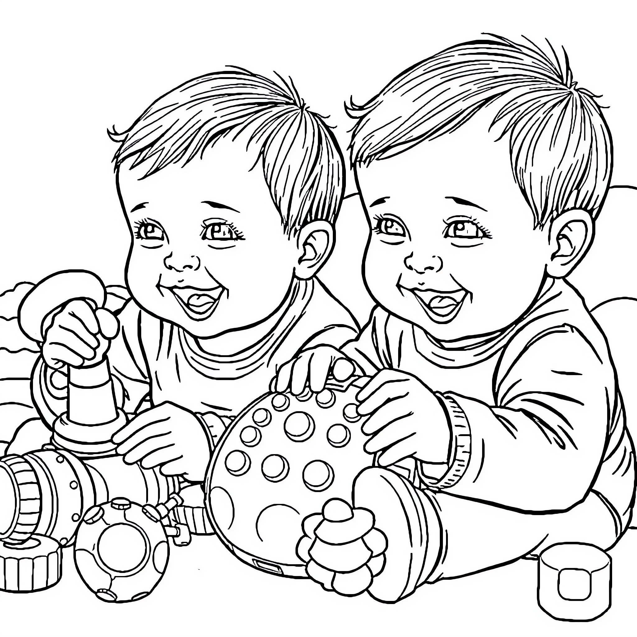 Baby boys playing with toys happily Coloring Page (free black-and-white line drawing printable PDF for all, from beginners to advanced learners, including children, teens, adults, and seniors)