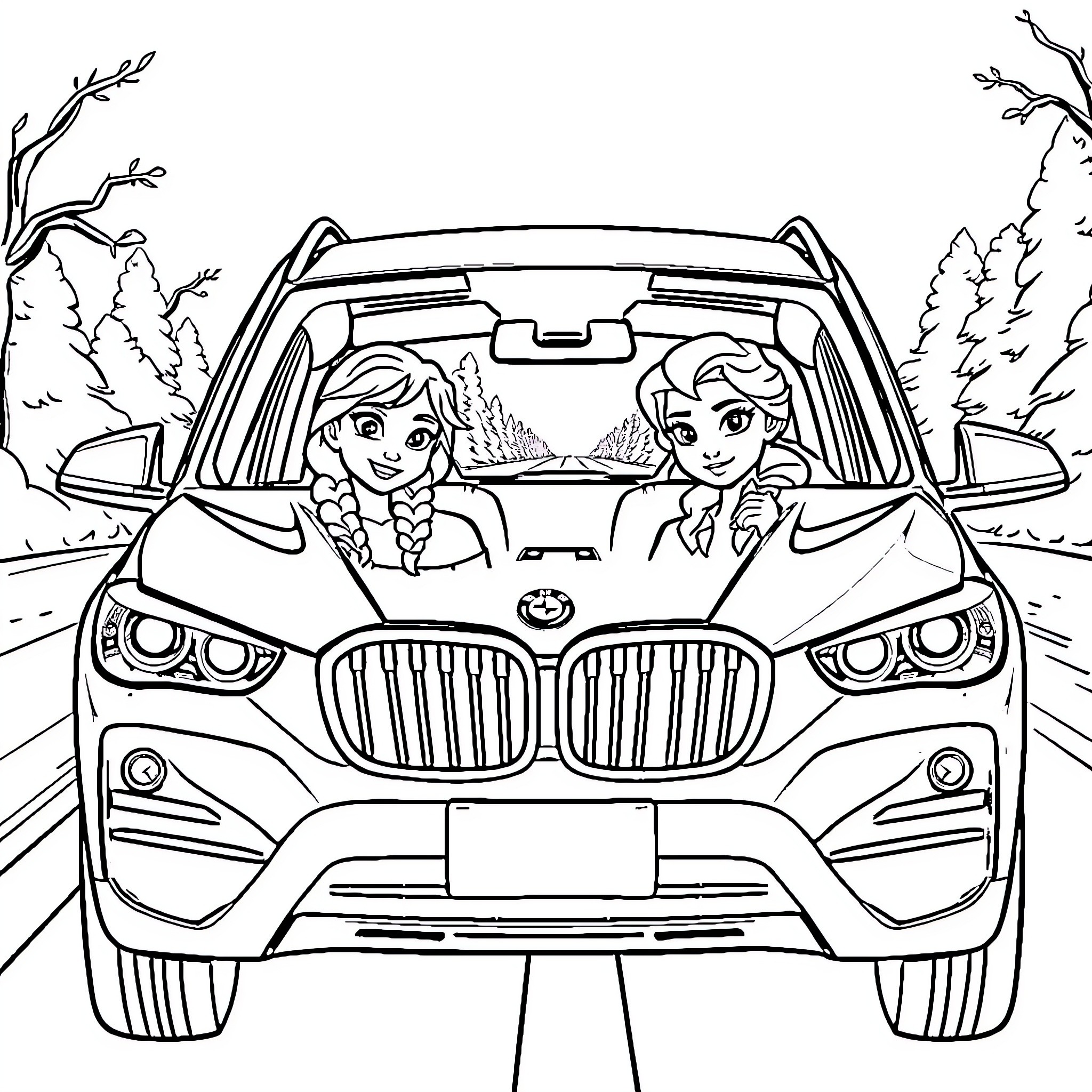 Anna and Elsa go on a scenic road trip Coloring Page (free black-and-white line drawing printable PDF for all, from beginners to advanced learners, including children, teens, adults, and seniors)