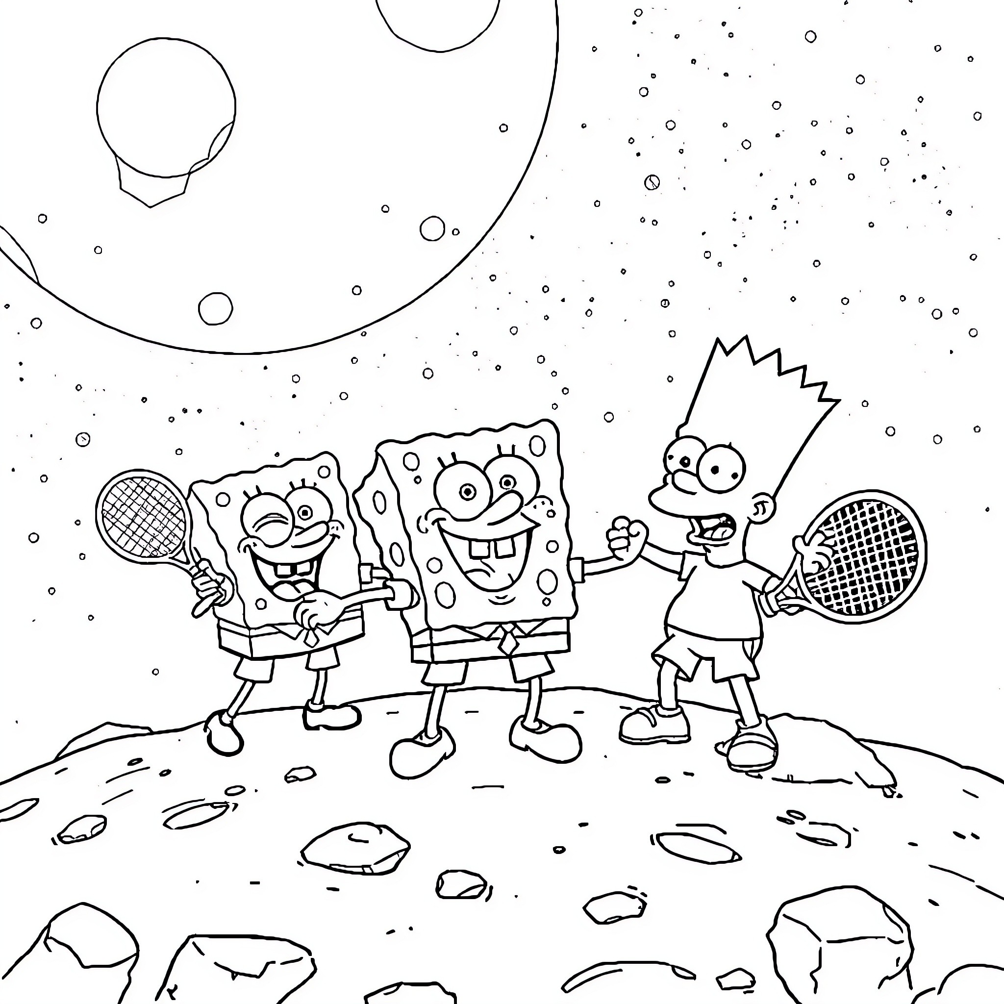 Cartoon Characters Playing Tennis on Alien Landscape Coloring Page (free black-and-white line drawing printable PDF for all, from beginners to advanced learners, including children, teens, adults, and seniors)