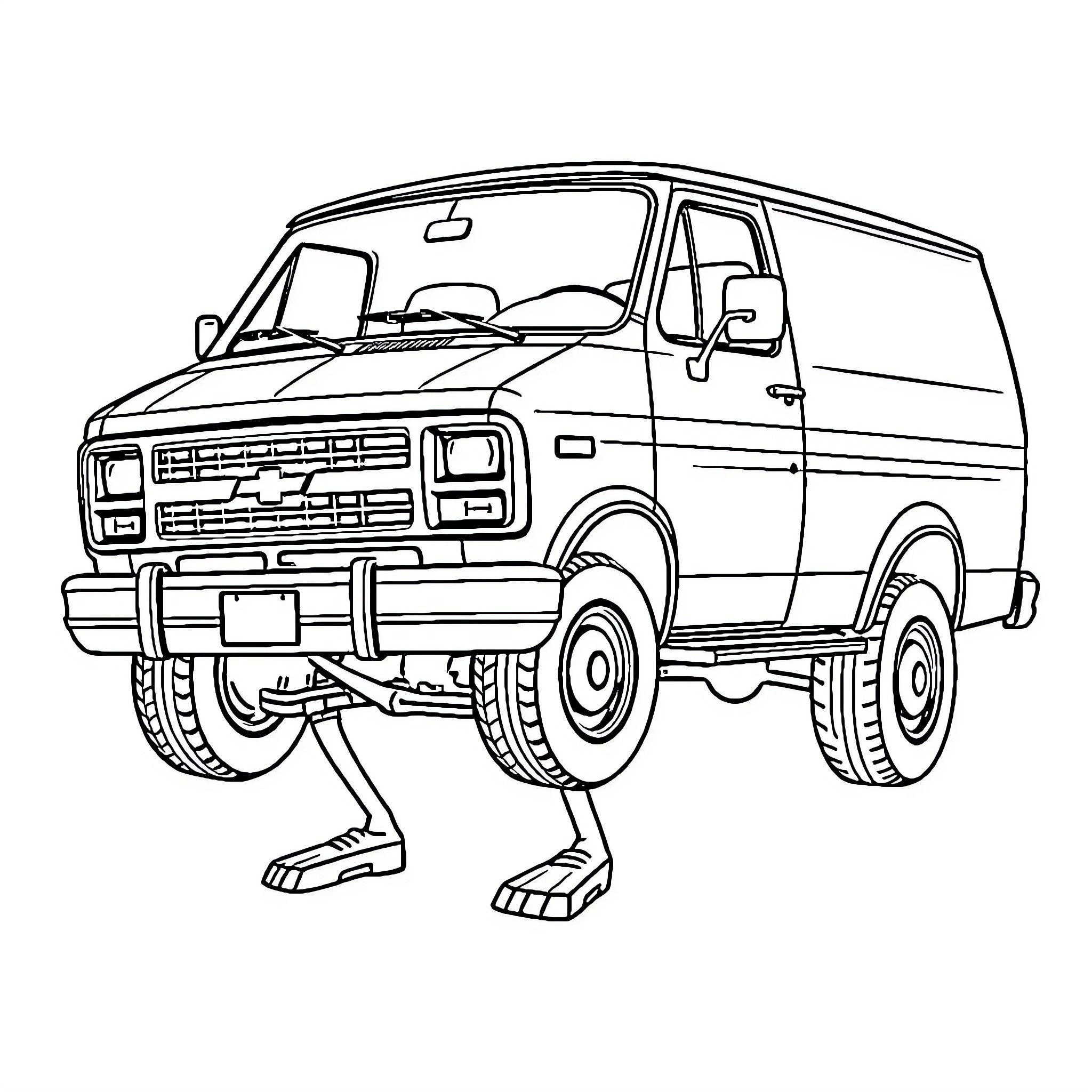 Chevy Van with Unusual Suspension Coloring Page (free black-and-white line drawing printable PDF for all, from beginners to advanced learners, including children, teens, adults, and seniors)