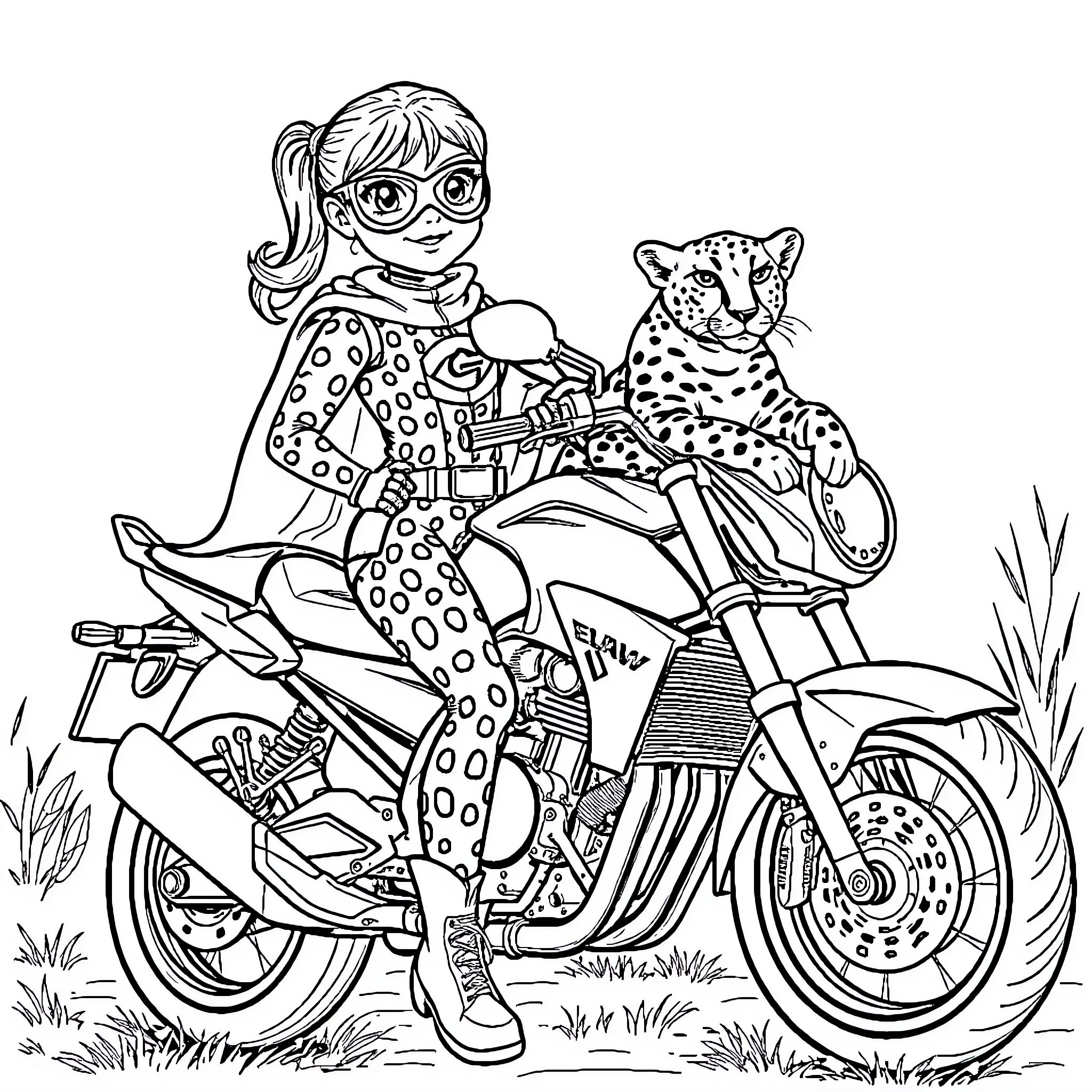 Girl riding a motorcycle with a pet cheetah Coloring Page (free black-and-white line drawing printable PDF for all, from beginners to advanced learners, including children, teens, adults, and seniors)