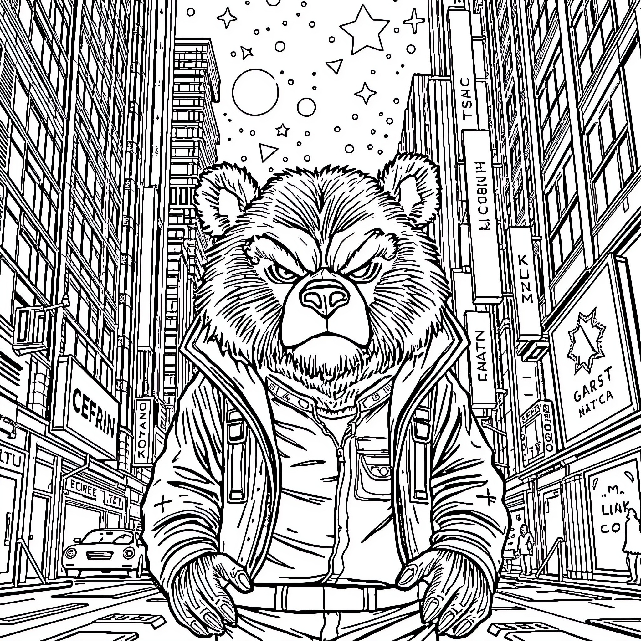 Bear in Stylish Outfit Roams City Streets Coloring Page (free black-and-white line drawing printable PDF for all, from beginners to advanced learners, including children, teens, adults, and seniors)