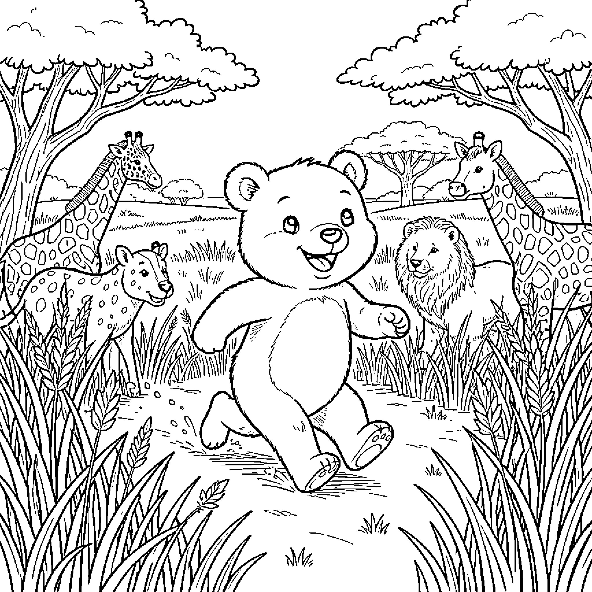 Petit Ours Brun playing with animals in the savanna Coloring Page (free black-and-white line drawing printable PDF for all, from beginners to advanced learners, including children, teens, adults, and seniors)