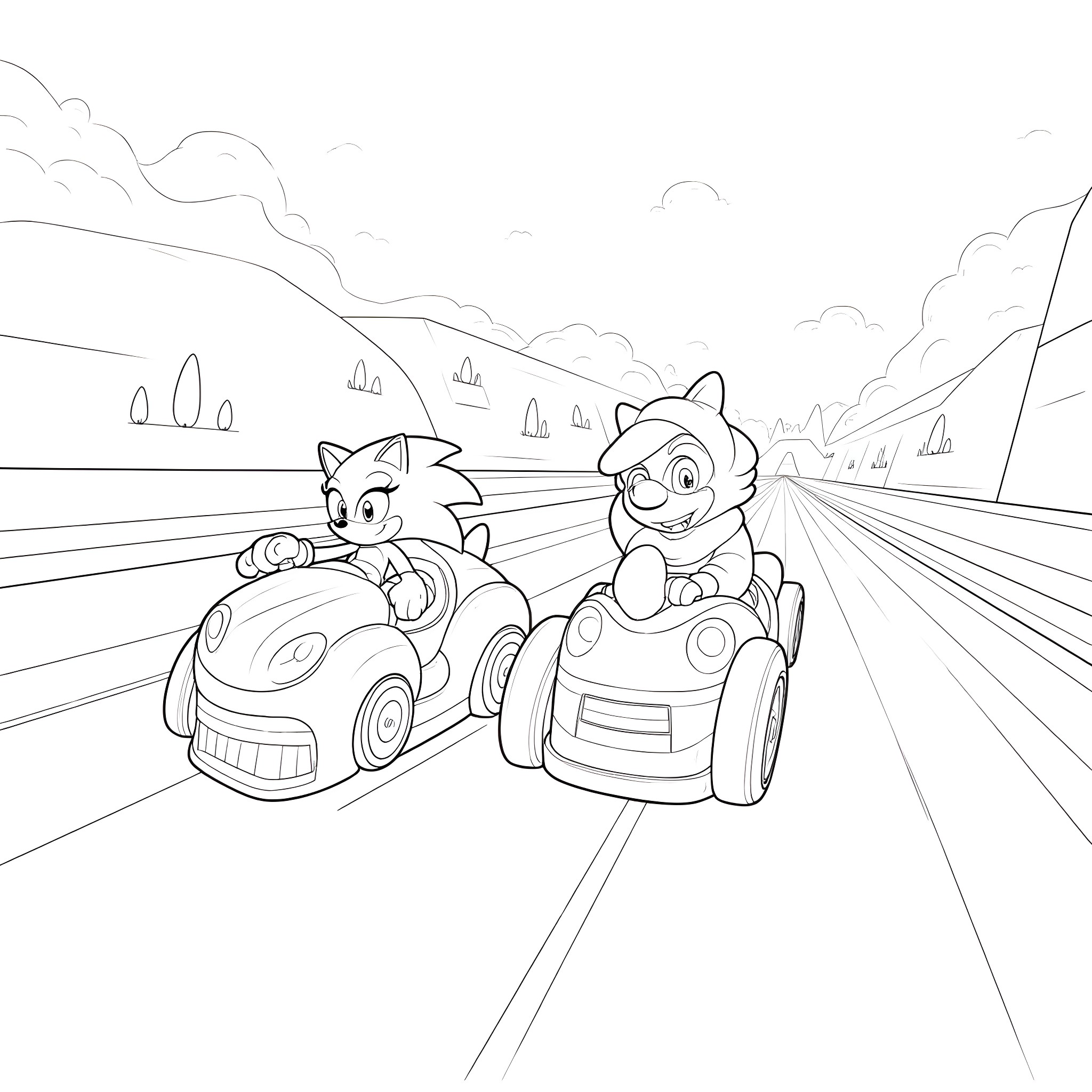 Sonic characters racing in cars on the road Coloring Page (free black-and-white line drawing printable PDF for all, from beginners to advanced learners, including children, teens, adults, and seniors)